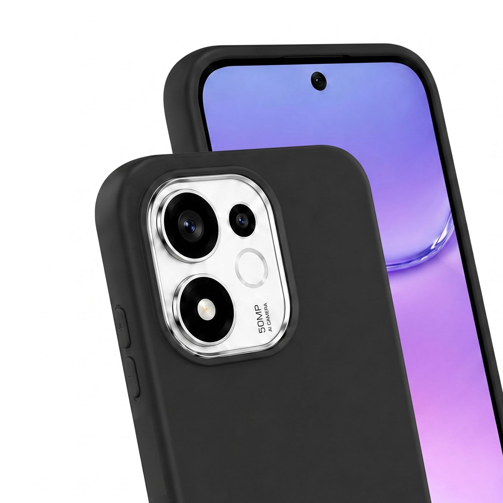 Ein schwarzes Smartphone in einer schwarzen Hülle mit lila Bildschirm und Dreifach-Kameramodul.