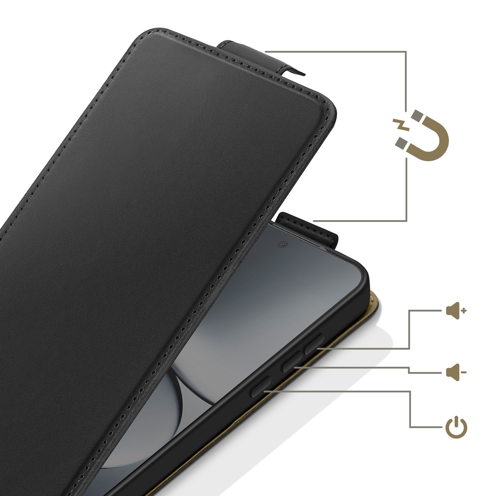 Schwarze Leder-Smartphone-Hülle mit magnetischem Verschluss und sichtbaren Tasten.