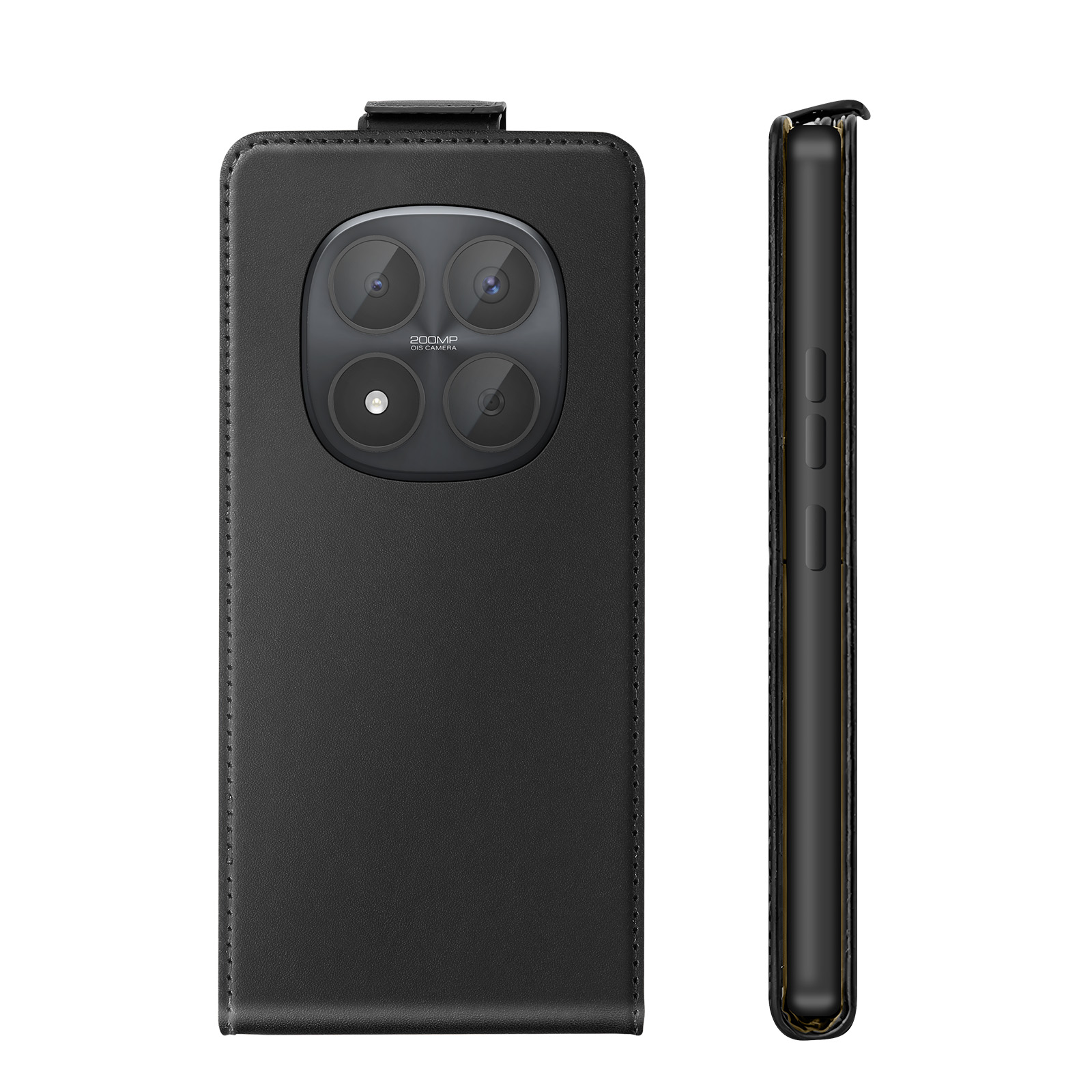 Eine schwarze Leder-Smartphone-Hülle mit kreisrundem Kameraausschnitt, von hinten und der Seite gezeigt.