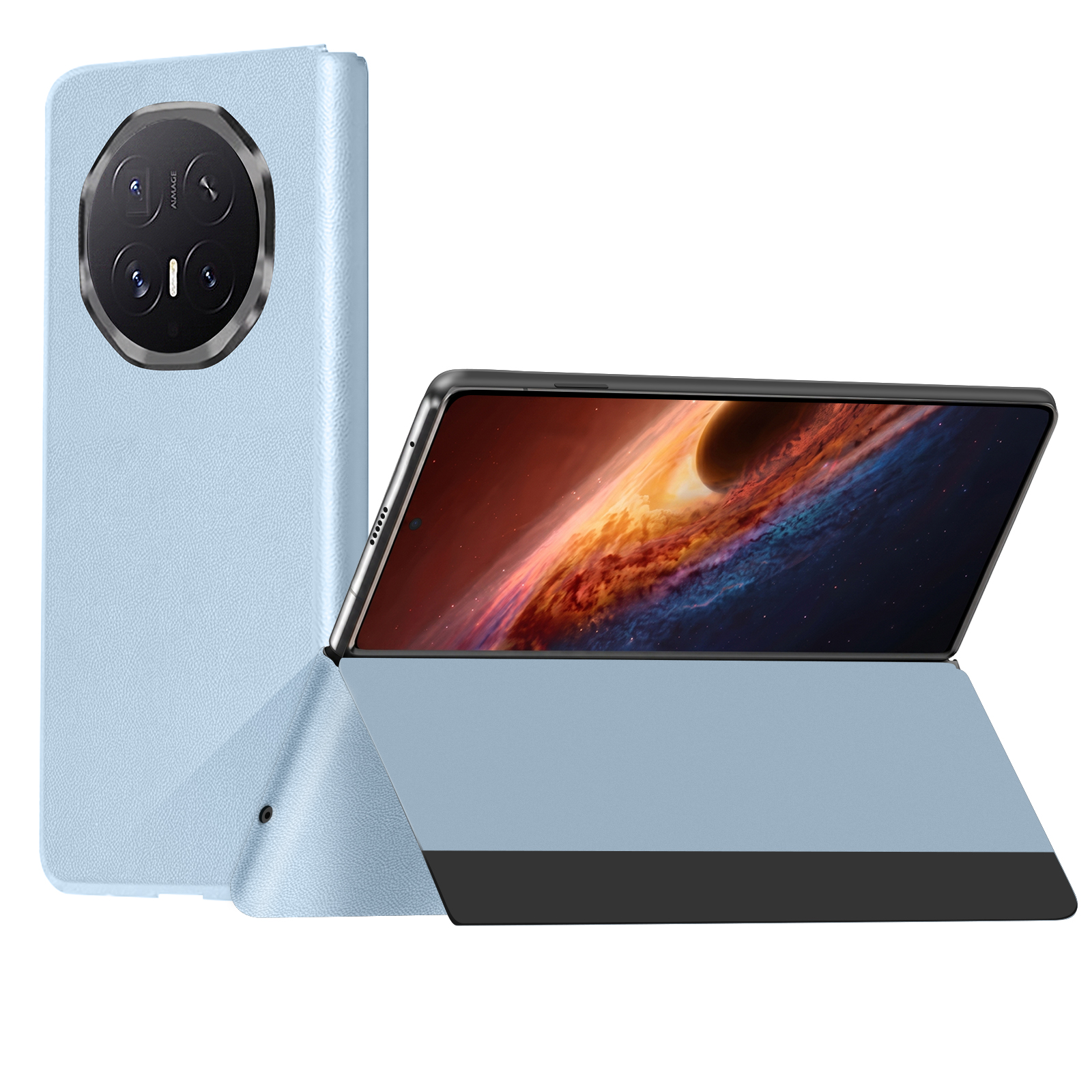 Ein hellblaues faltbares Smartphone mit rundem Kameramodul und lebendigem Weltraum-Nebel-Hintergrundbild.