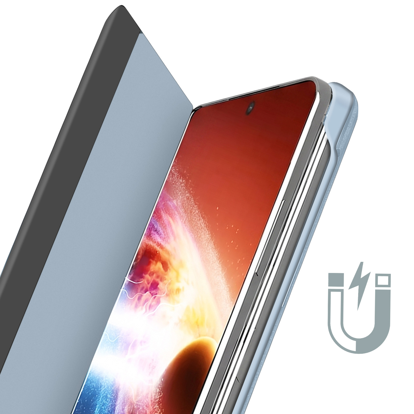 Smartphone in blauer Hülle mit offenem Klappdeckel, daneben ein Magnetsymbol auf weißem Hintergrund.