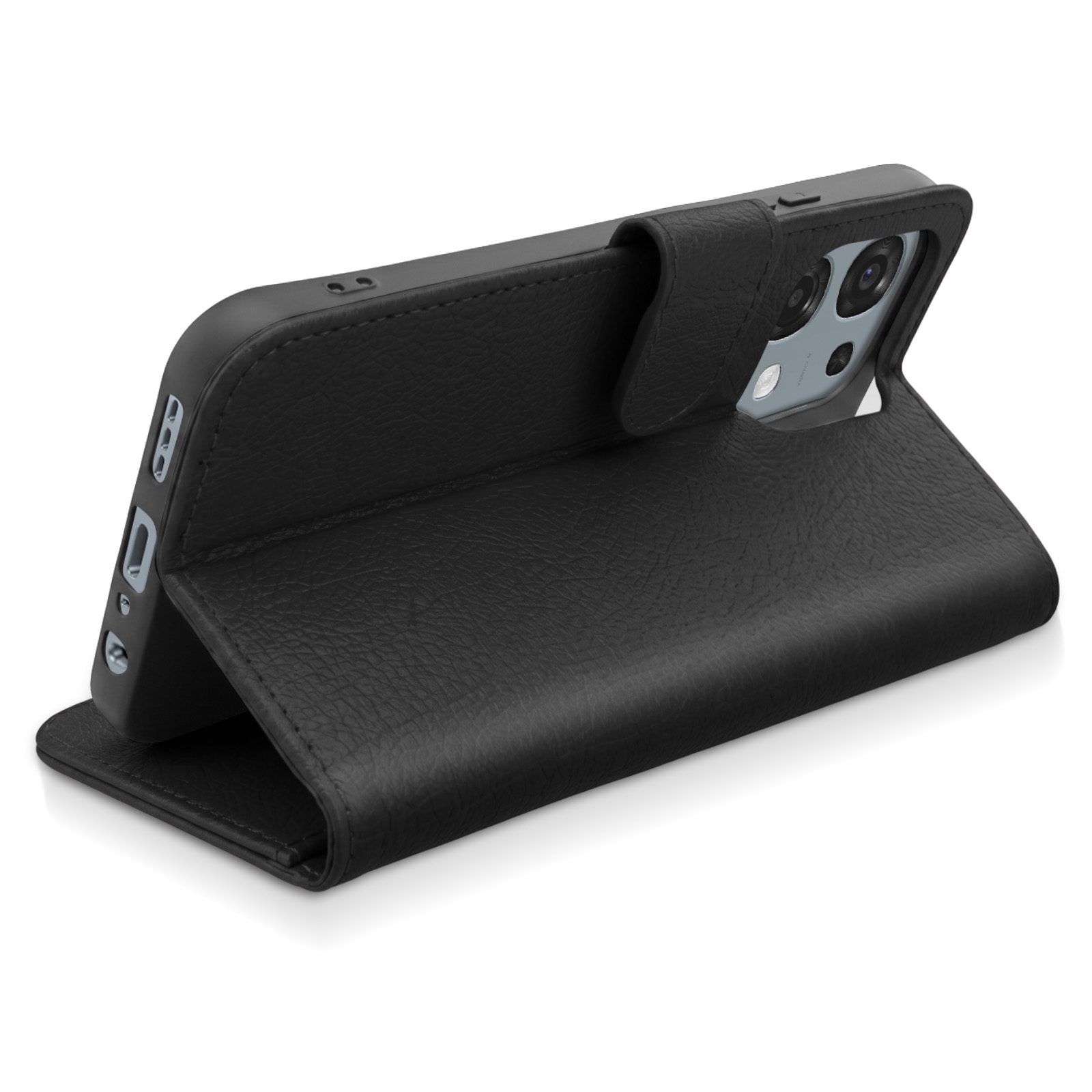 Eine schwarze Leder-Smartphone-Hülle mit Standfunktion zeigt die Rück- und Seitenanschlüsse vor weißem Hintergrund.