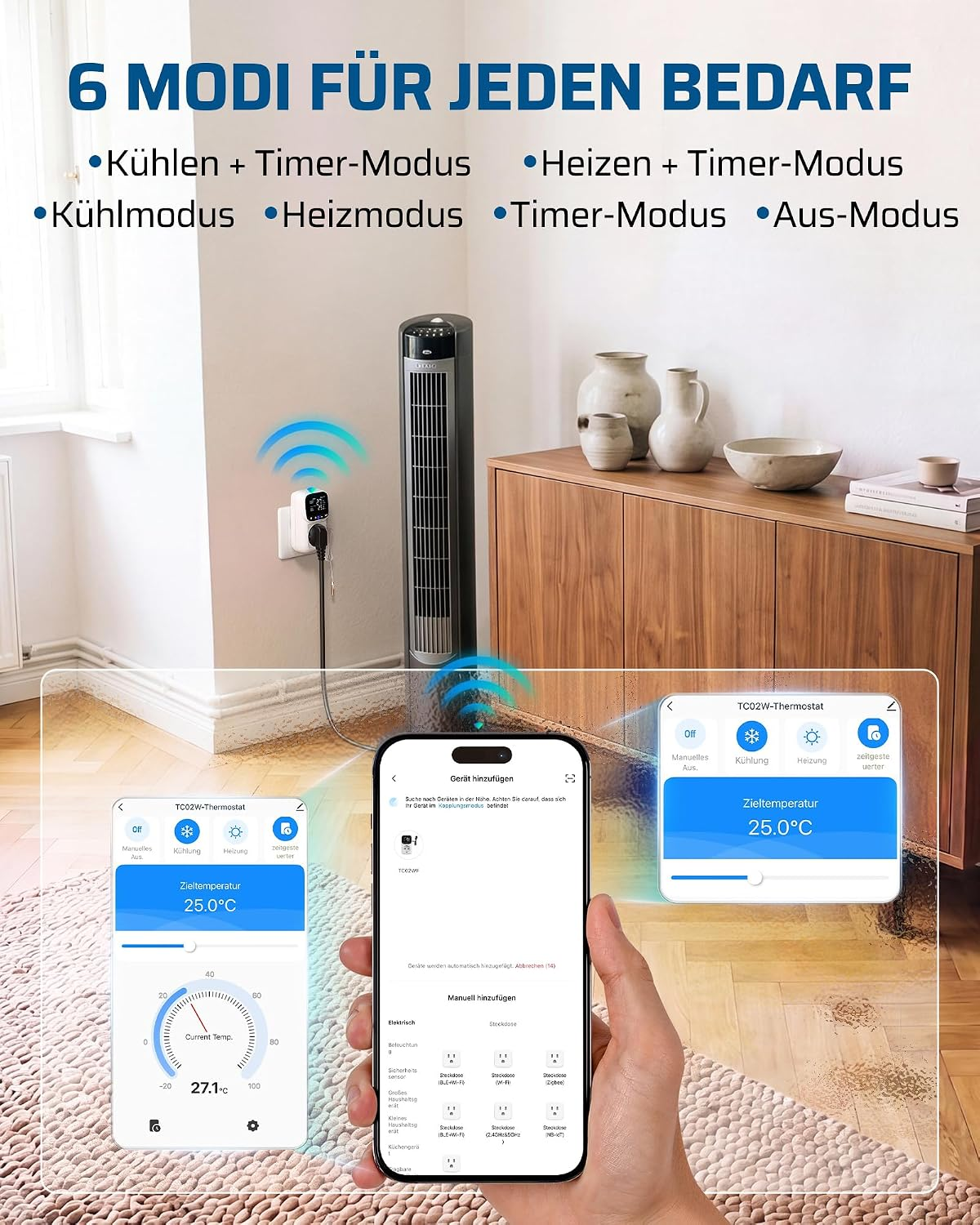 Eine Hand hält ein Smartphone mit Smart-Home-App, im Hintergrund ein Turmventilator und ein Sideboard in einem Zimmer.