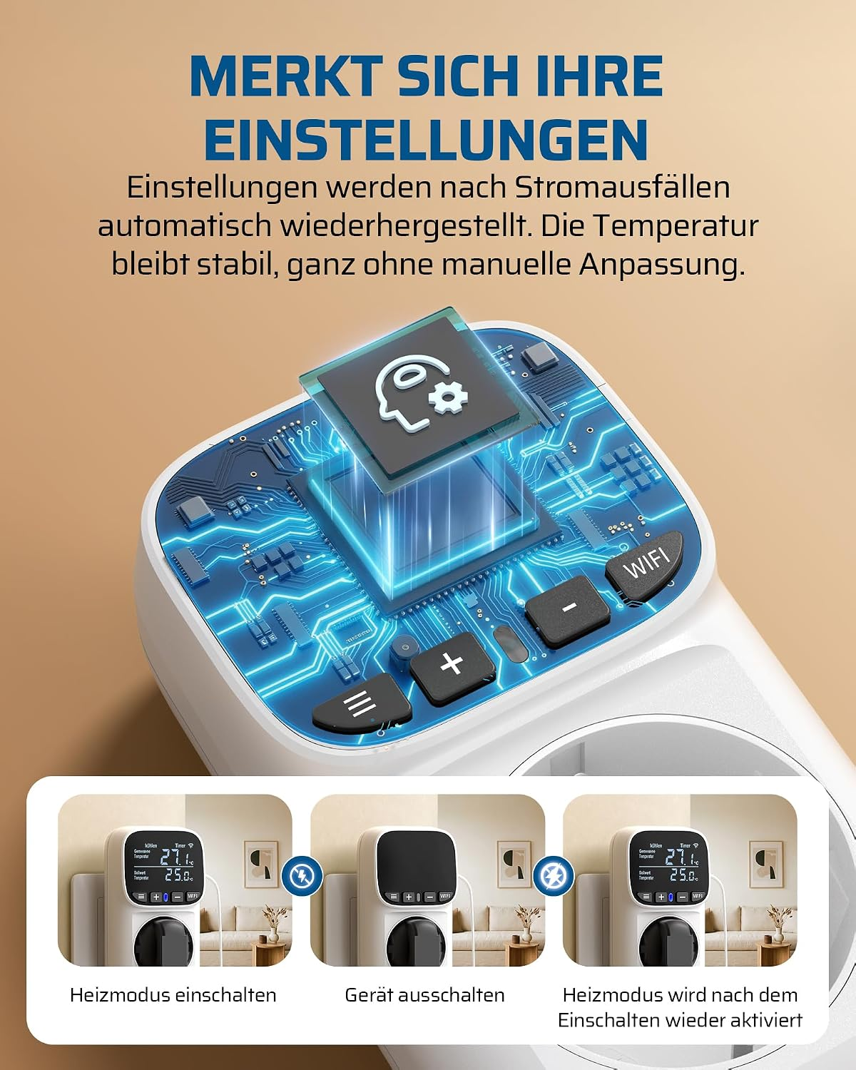 Ein weißes Thermostatger ät mit blauer Platine und drei Schritten zur Heizmodus-Speicherung nach Stromausfällen.