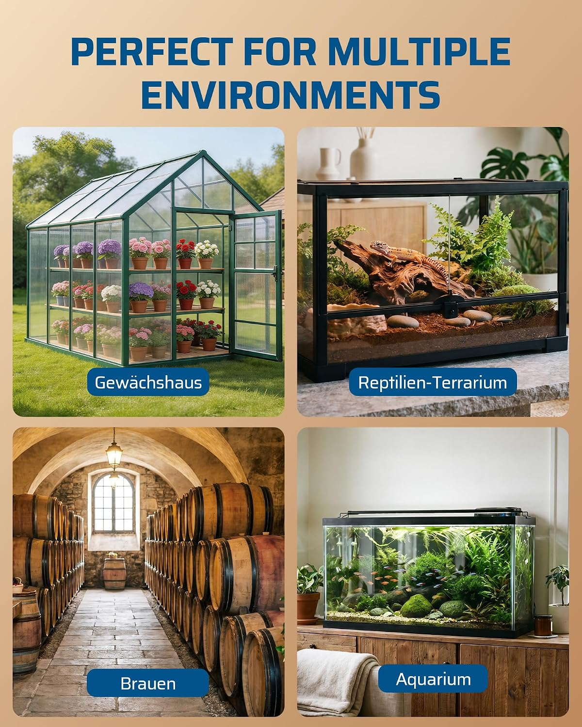 Vier Bilder zeigen ein grünes Gewächshaus, ein Reptilienterrarium, ein Weinfass-Lager und ein Aquarium.