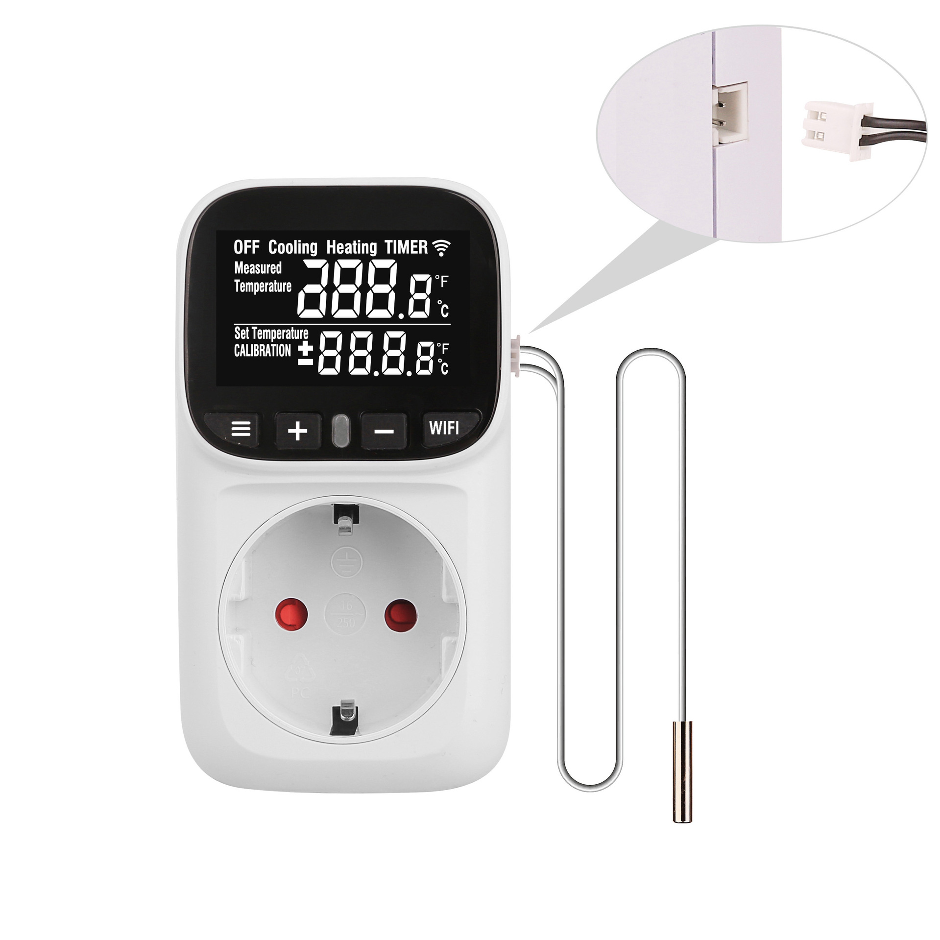 Weißer digitaler Thermostat-Stecker mit LCD-Display, Tasten und angeschlossenem Temperaturfühler.