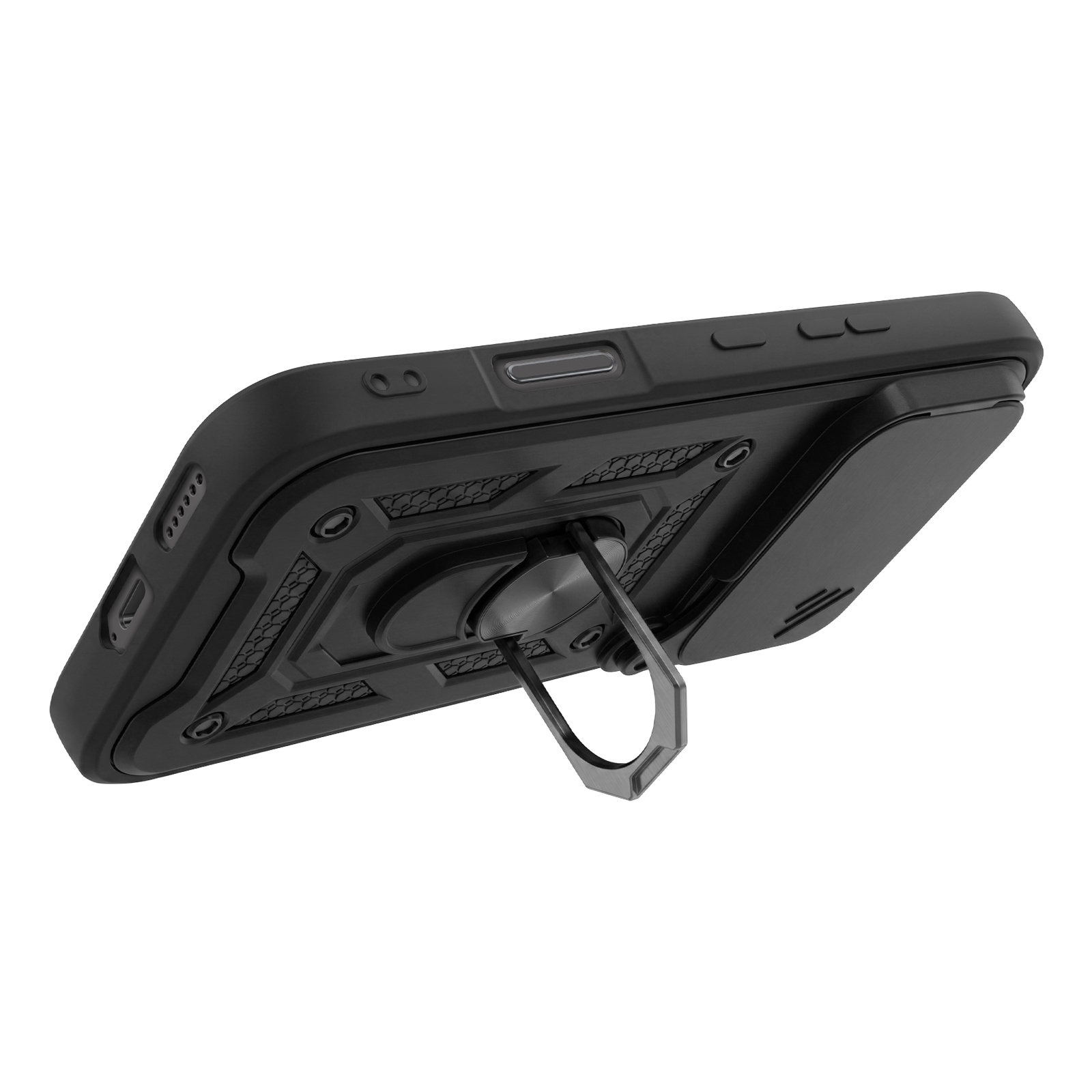 Schwarze Schutzhülle für Mobiltelefone mit eingebautem Ringhalter auf der Rückseite.