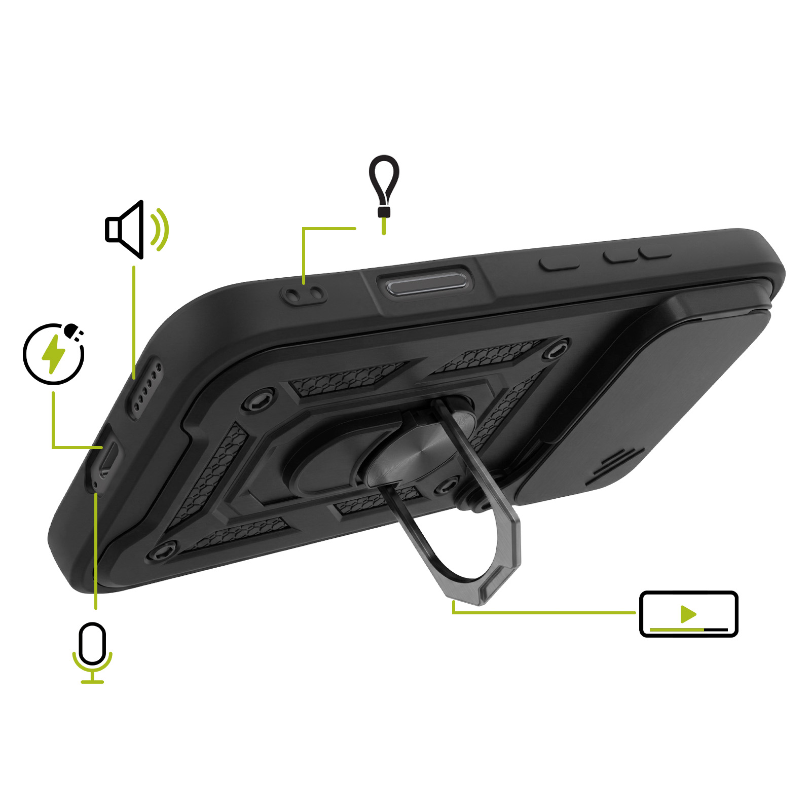 Schwarze Schutzhülle für Mobiltelefone mit Ständer, Kameraabdeckung und integrierten Icons für Funktionen.