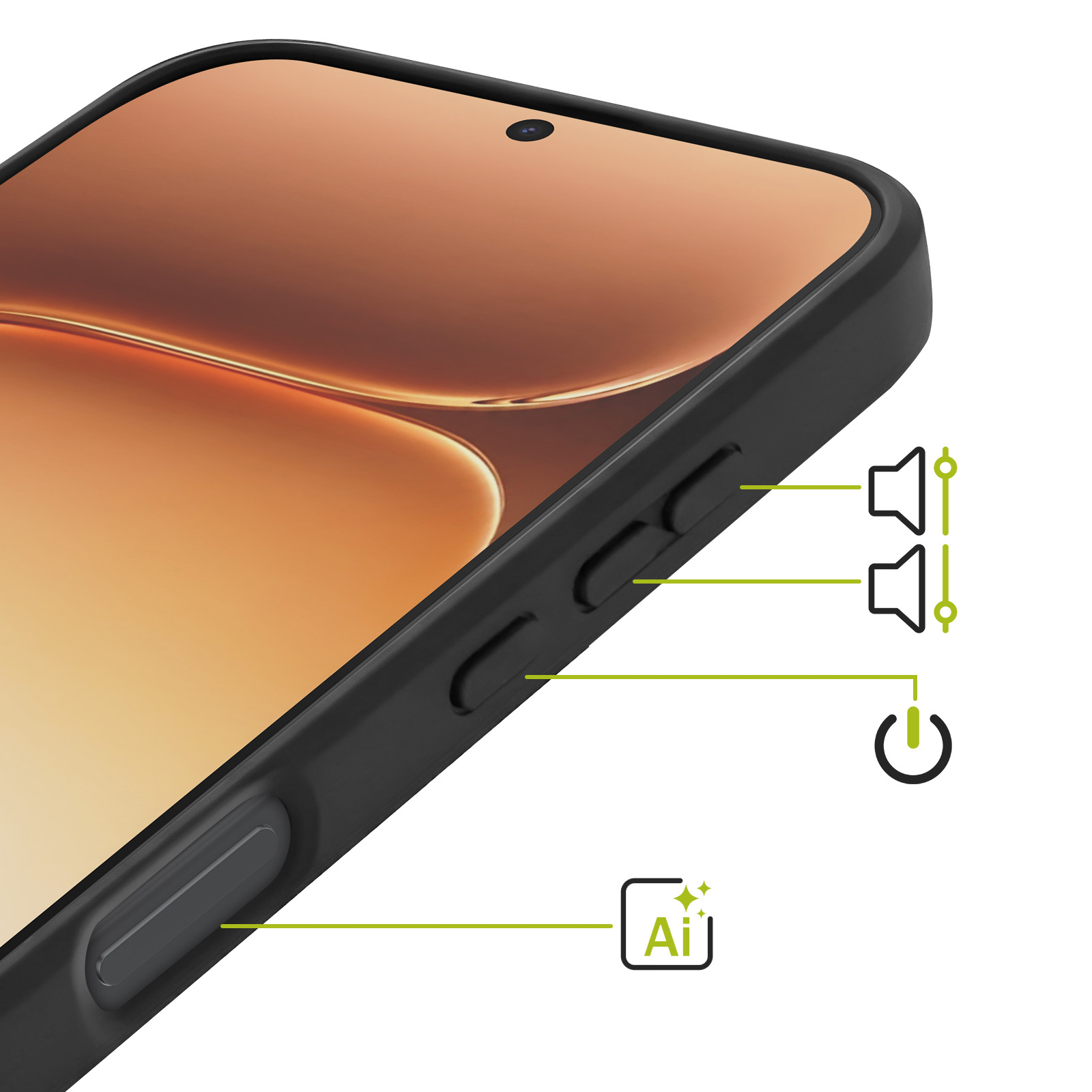 Nahaufnahme einer Smartphone-Seite mit Tasten und Symbolen für Lautstärke, Ein/Aus und KI.