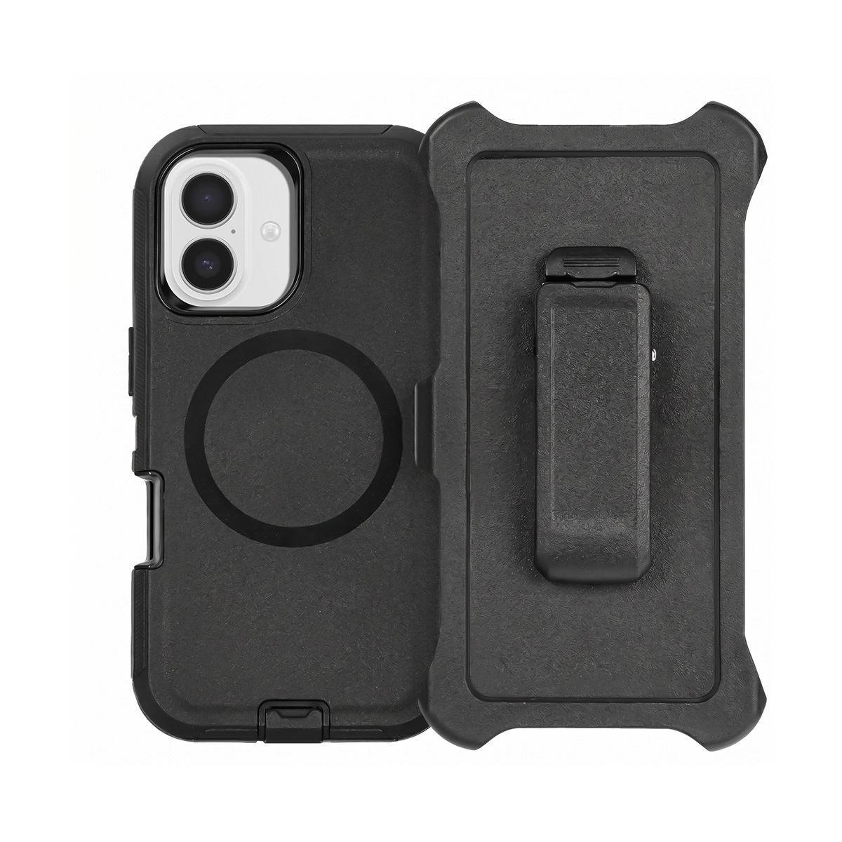 Schwarze Schutzhülle mit integriertem Ring und passendem Holster mit Gürtelclip vor weißem Hintergrund.