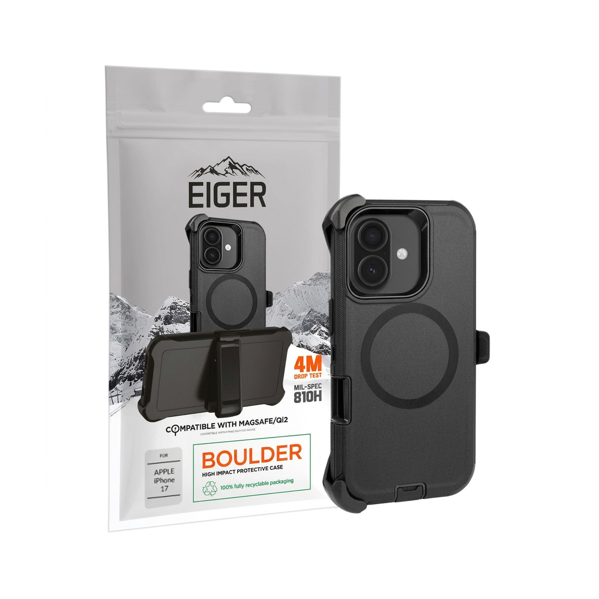 Eiger Boulder Schutzhülle für Apple iPhone 17 in Verpackung mit Bergen im Hintergrund.