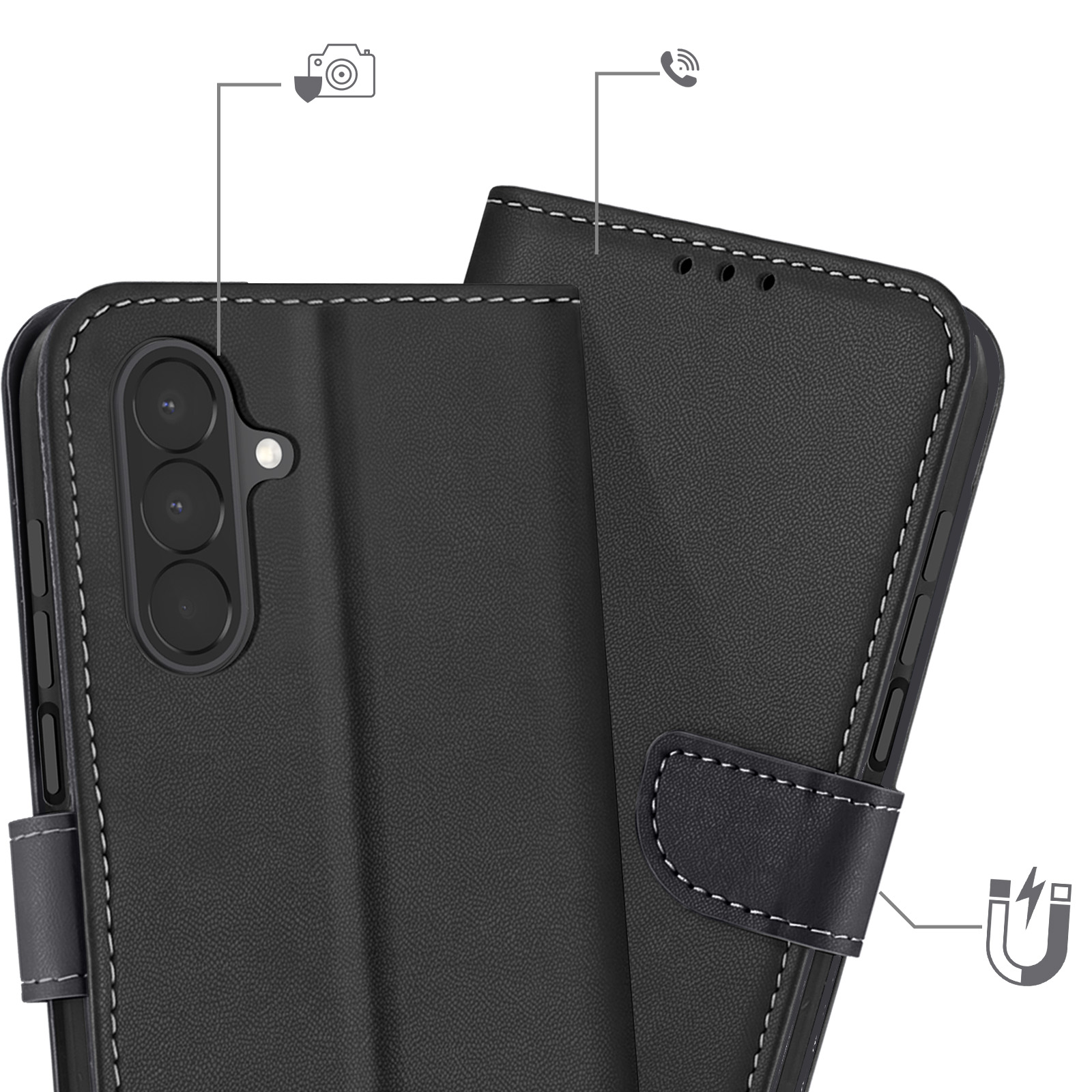 Schwarze Ledertasche für Smartphones mit weißen Nähten, Kameraausschnitt und Magnetschließe.