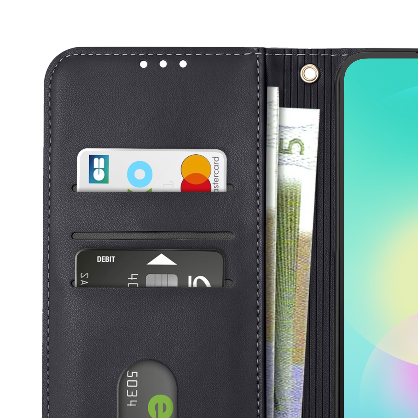Eine schwarze Lederhülle für ein Smartphone mit Kartenfächern und Geldscheinen.