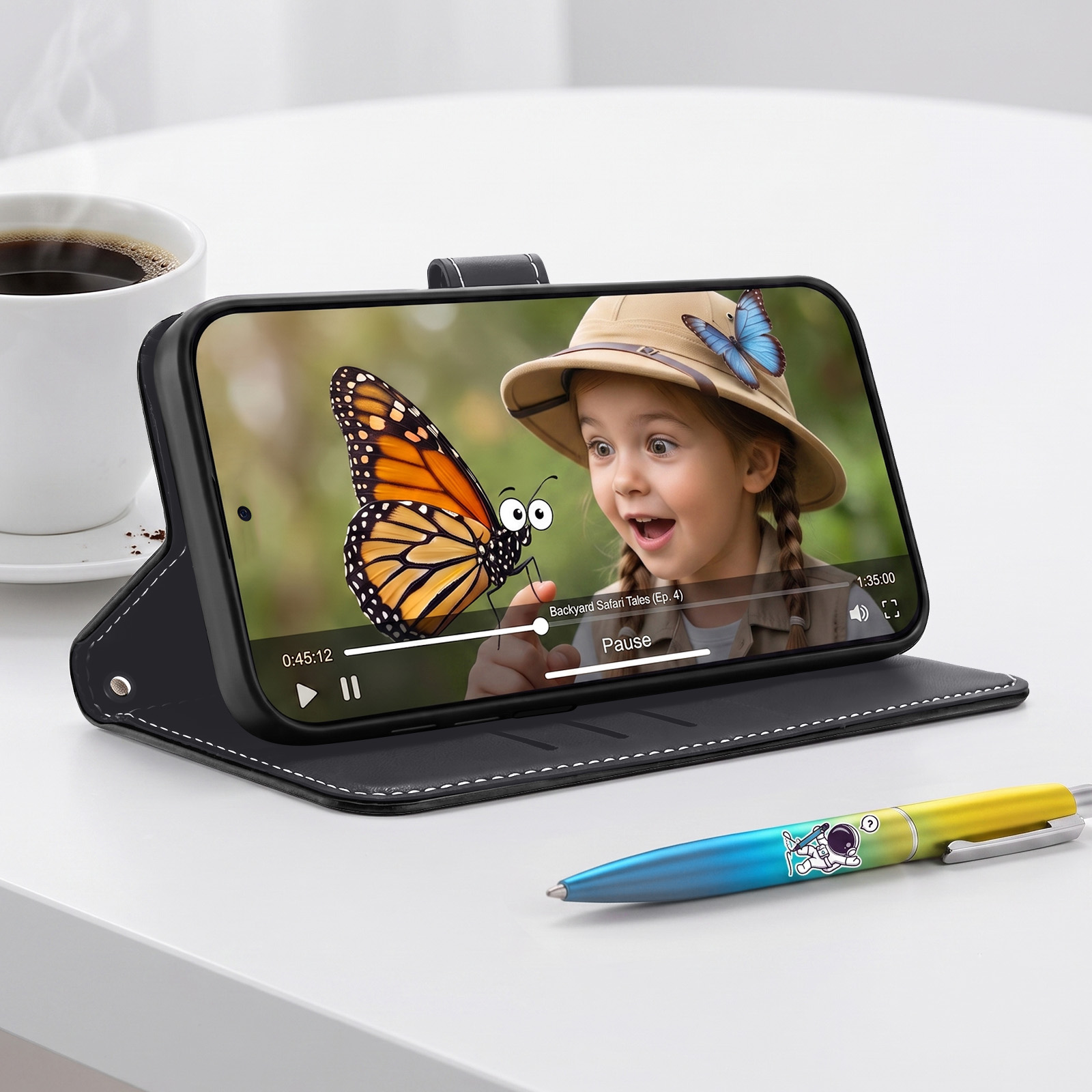 Smartphone in Ledercase mit Video von Kind und Schmetterling, daneben eine Tasse Kaffee und ein bunter Stift.