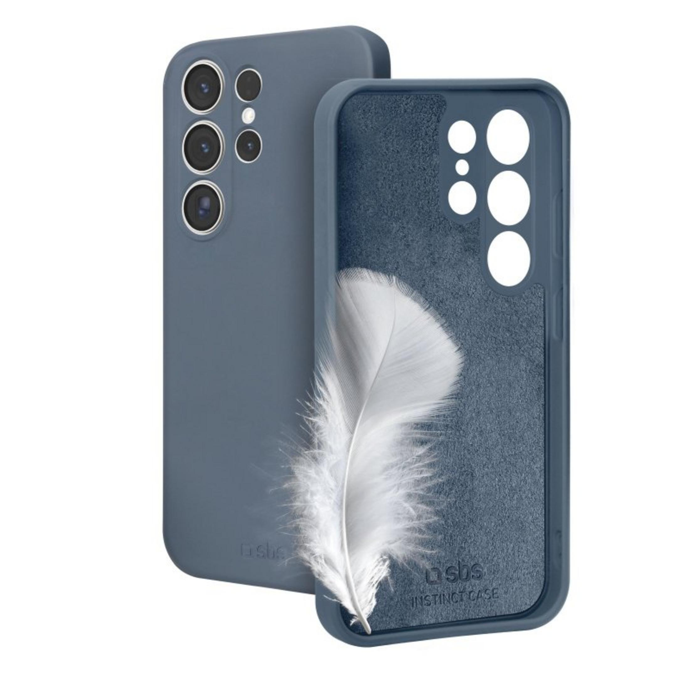 Blaue Smartphone-Hülle mit weichem Innenfutter und einer leichten weißen Feder.