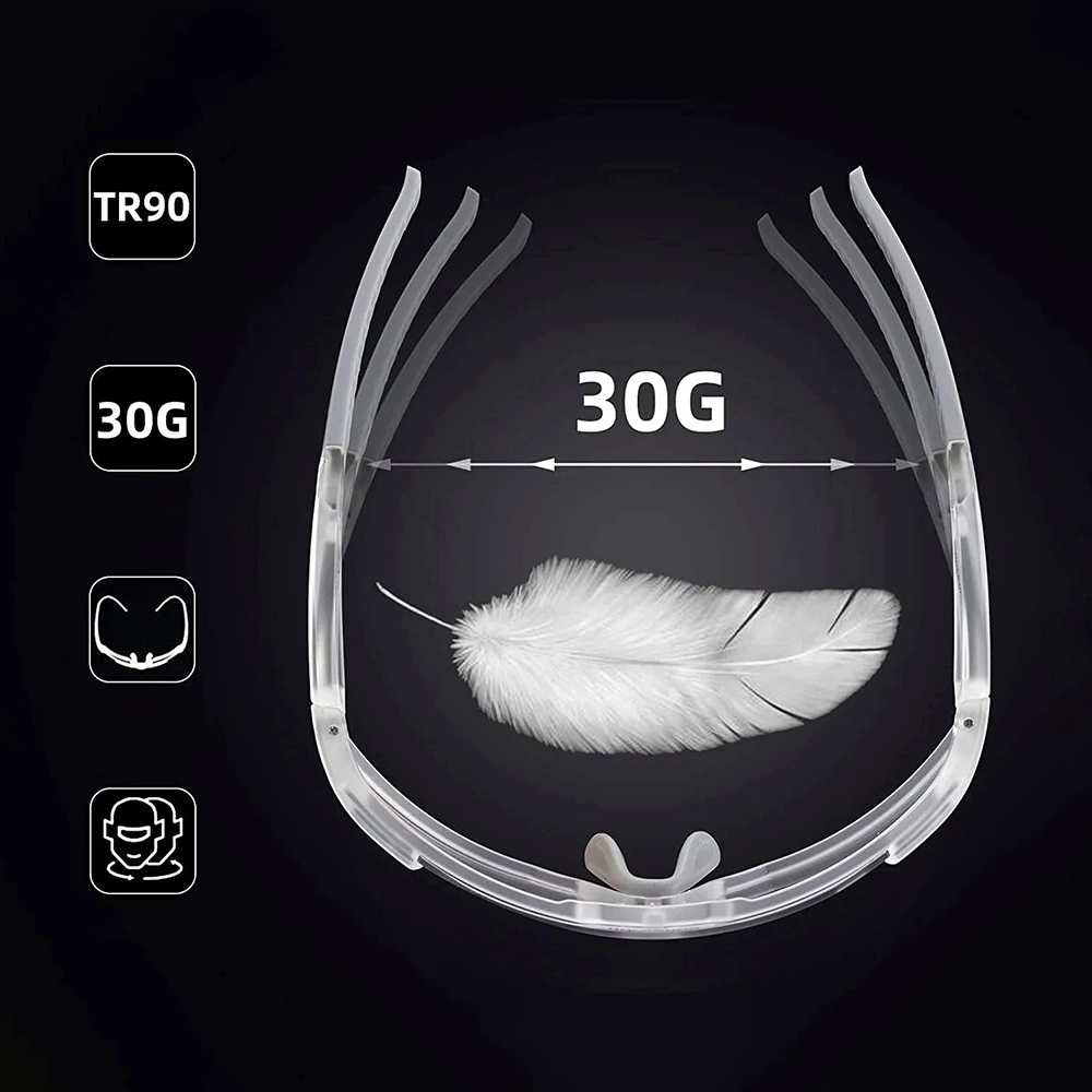 Montatura per occhiali trasparente con una piuma e la scritta 30G su sfondo nero.