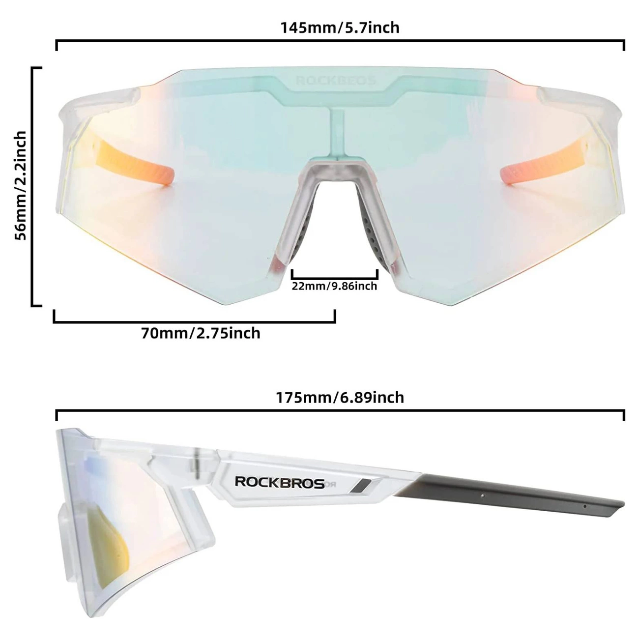 Disegno tecnico con quote per occhiali sportivi bianchi Rockbros in vista frontale e laterale.