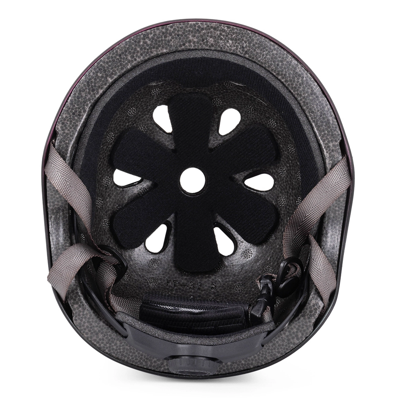 Vista interna di un casco da bicicletta nero con imbottitura protettiva e cinghie.