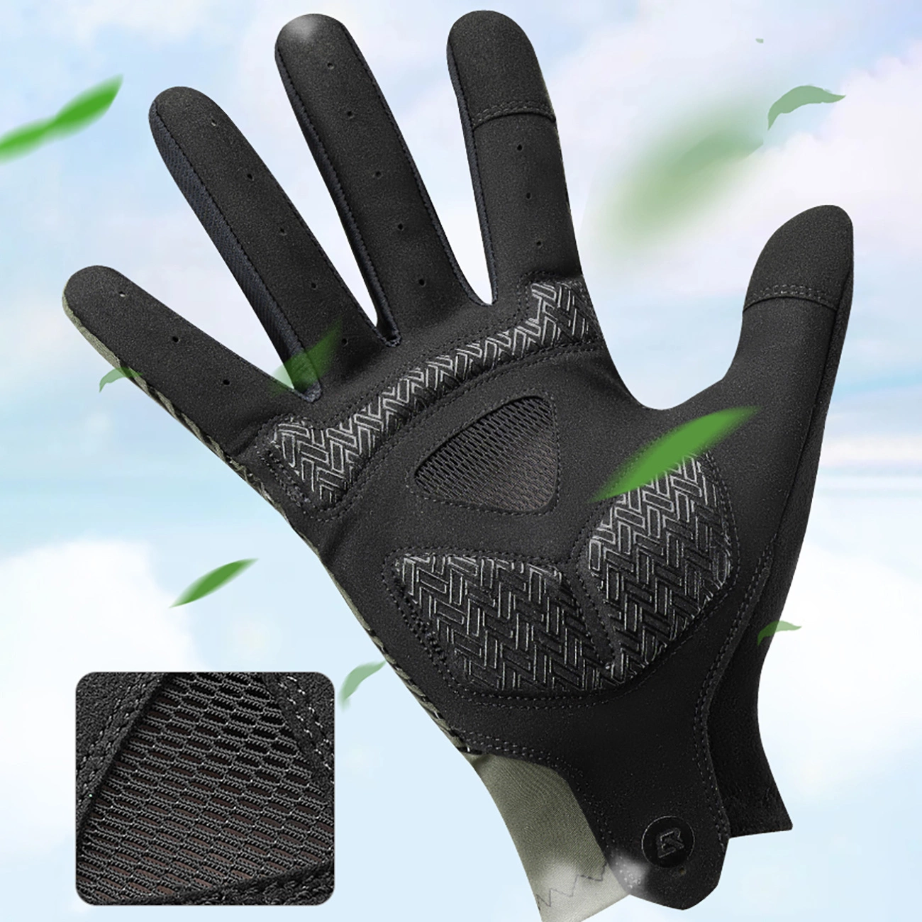 Guanto sportivo nero con grip e inserto in rete su sfondo blu con foglie galleggianti.