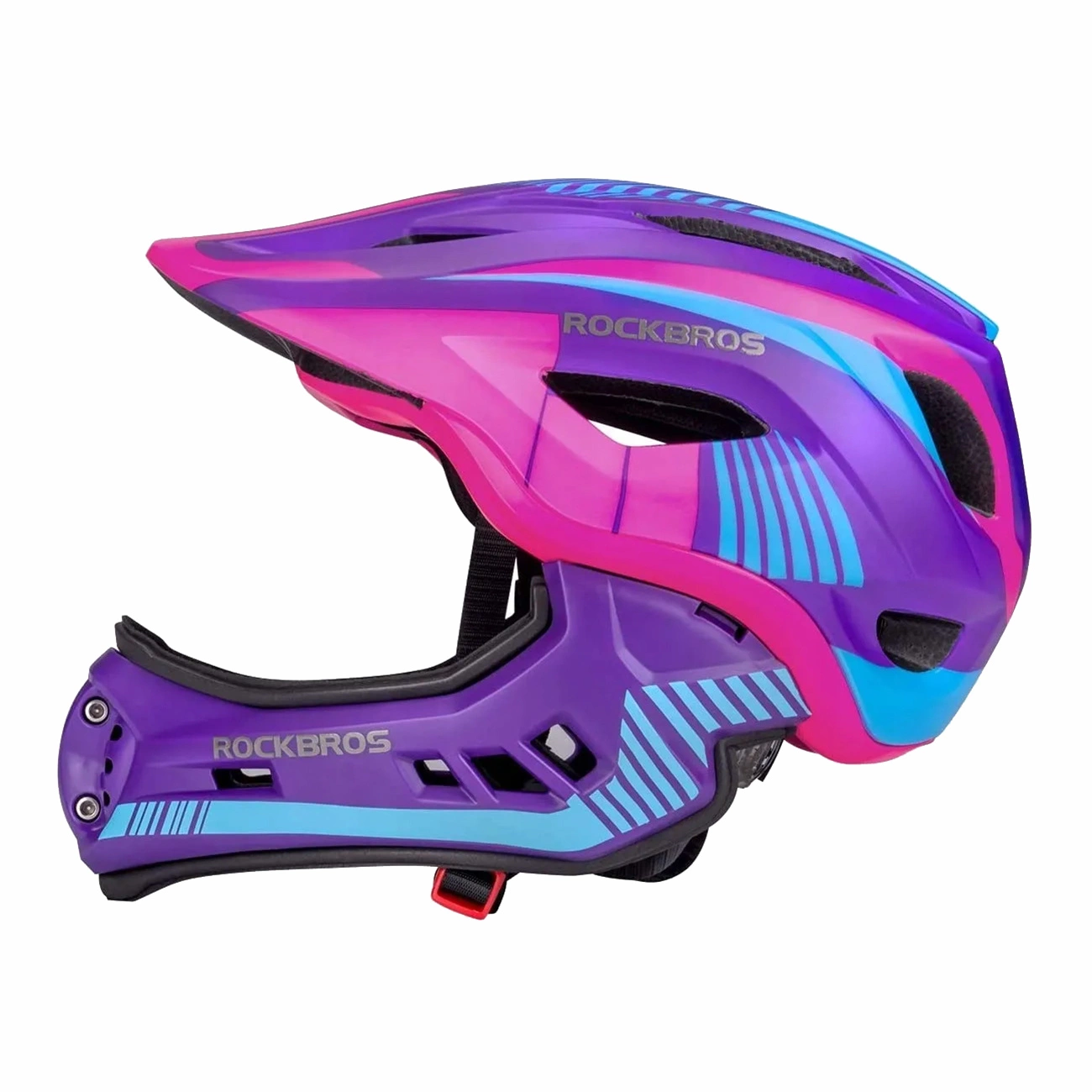 Un casco da ciclismo Rockbros viola, rosa e blu con mentoniera, vista laterale.