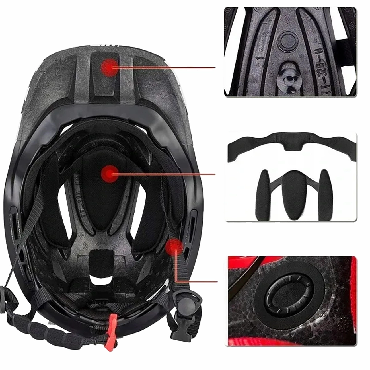 Vista interna di un casco da bici nero che evidenzia l'imbottitura, la rotella di regolazione e il cinturino.