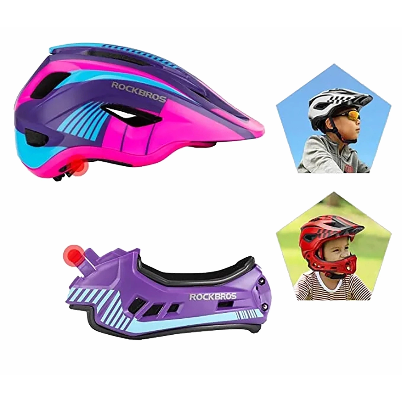 Casco bici convertibile per bambini Rockbros viola e rosa, indossato da bambini.