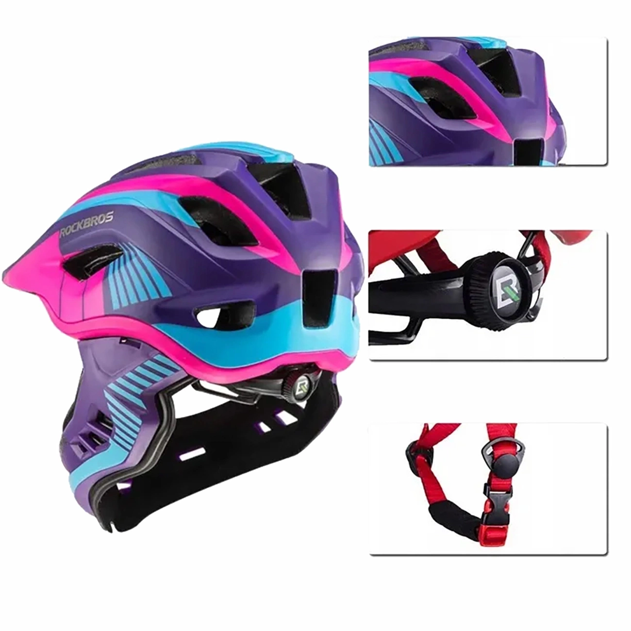 Casco da bicicletta viola, rosa e blu con mentoniera e dettagli a destra.