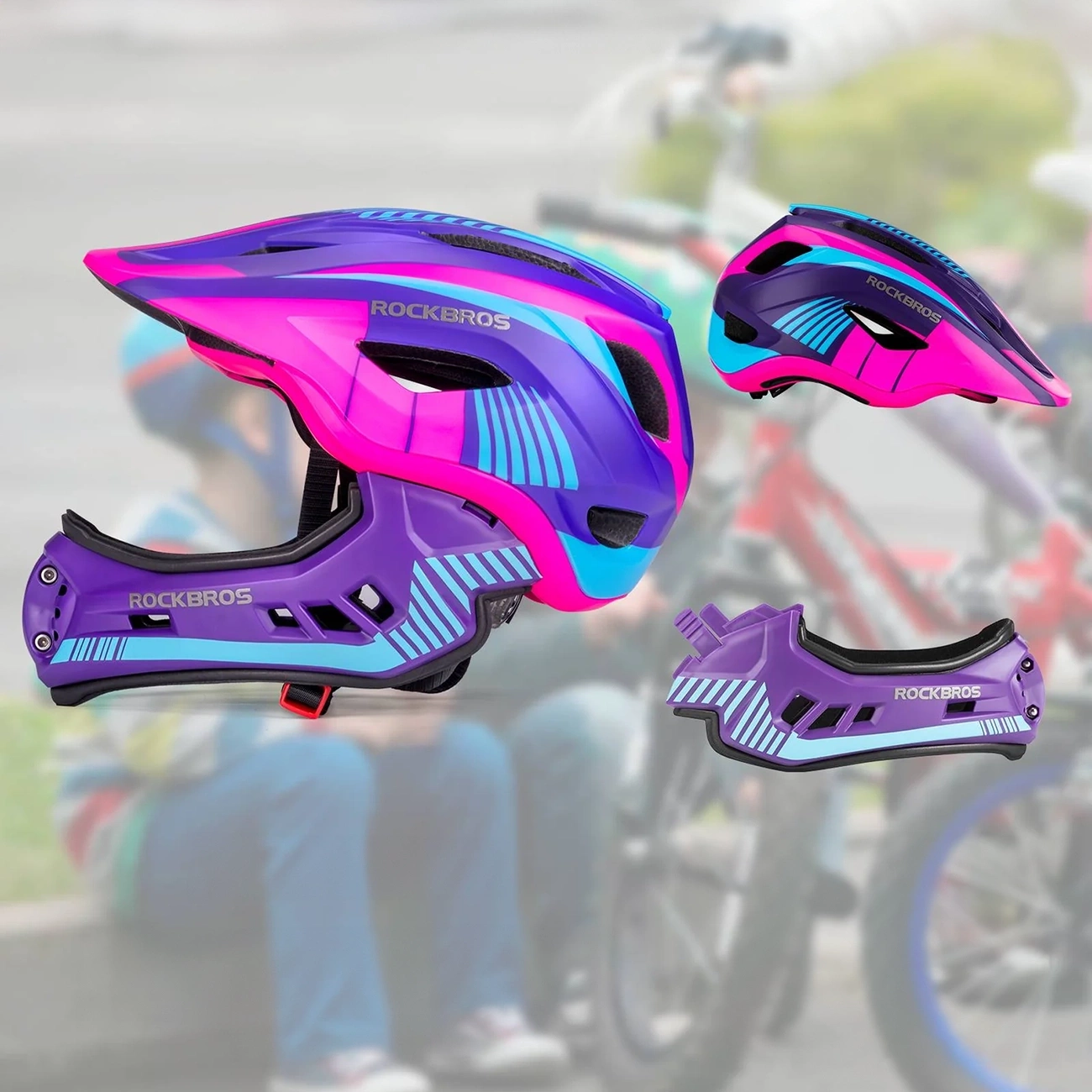 Casco da bici Rockbros viola, rosa e blu con mentoniera staccabile su sfondo sfocato.