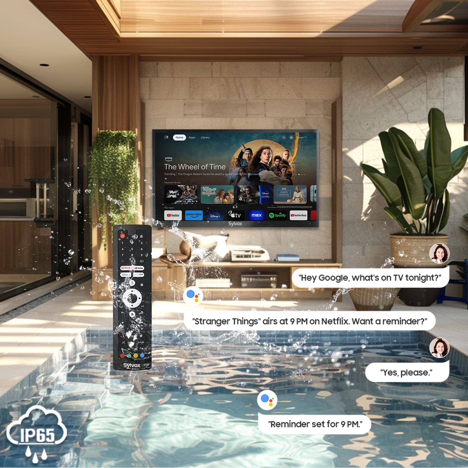 Eine wasserdichte Fernbedienung und ein Fernseher am Pool mit Sprachbefehlen.