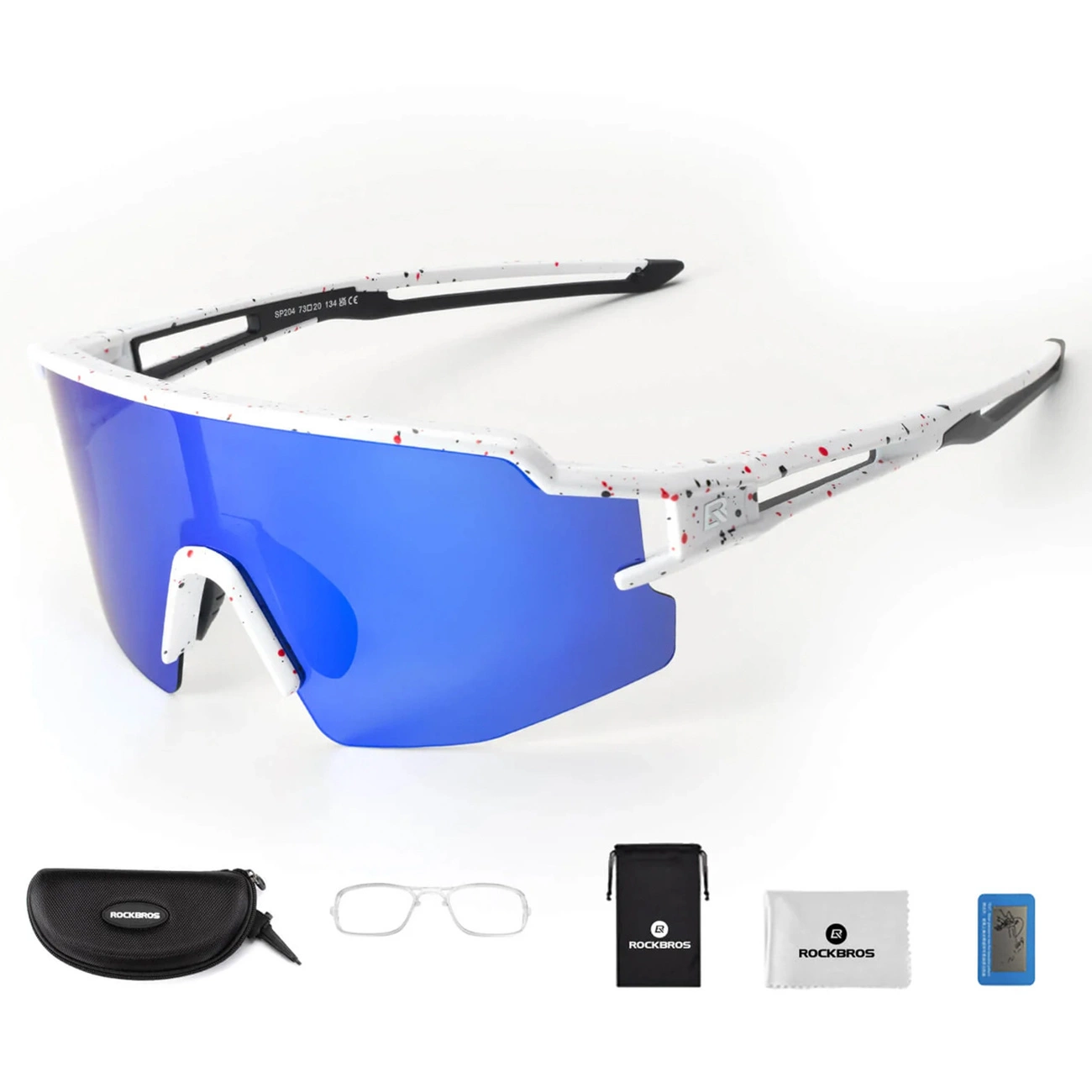 Occhiali da sole bianchi con lenti blu e schizzi rossi, con custodia, montatura interna, sacchetto, panno e carta.