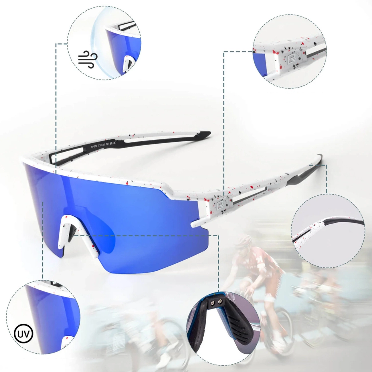 Occhiali da sole sportivi bianchi con lenti blu e schizzi rossi, dettagli ingranditi e ciclista sullo sfondo.