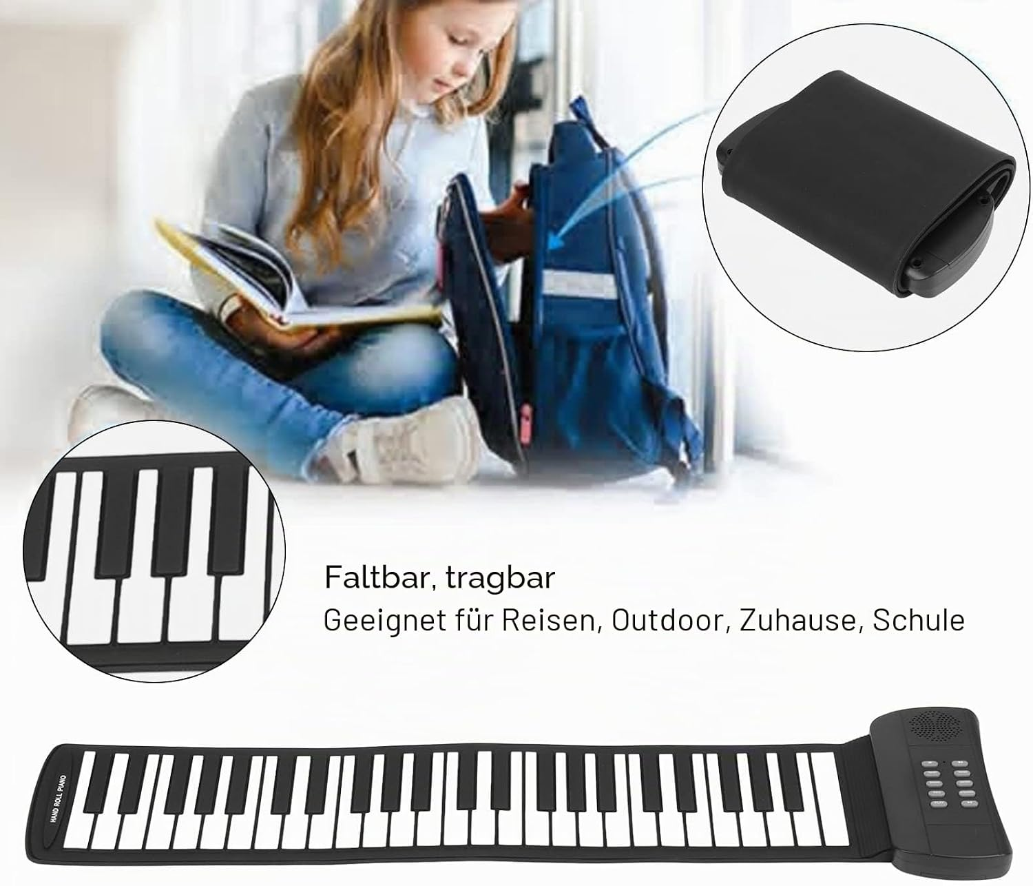 Ein rollbares, tragbares Klavier mit Tasten, das in eine Schultasche passt.