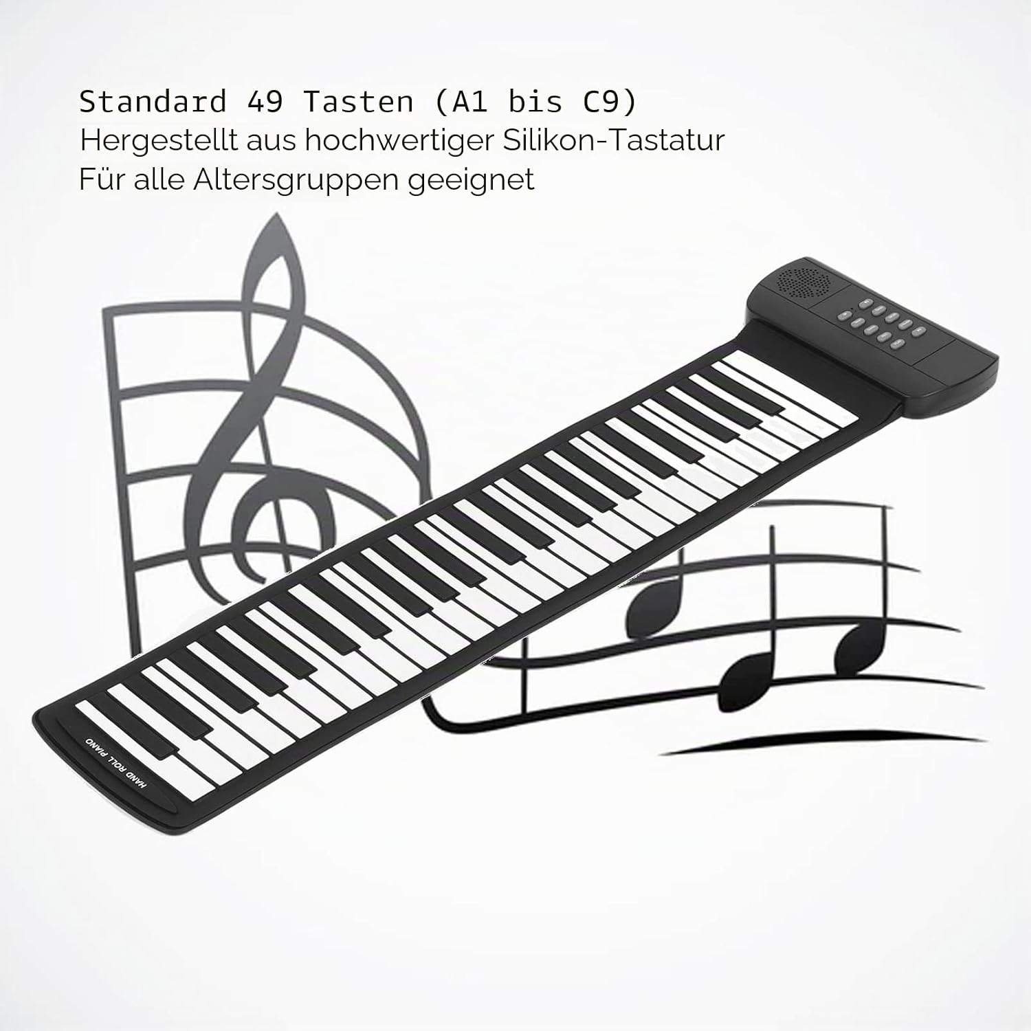 Ein zusammenrollbares E-Piano mit 49 Tasten, diagonal vor einem Hintergrund mit Noten.