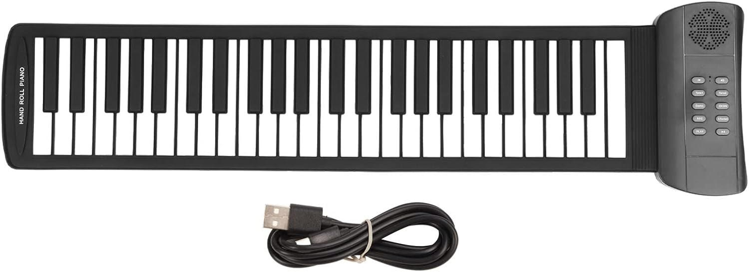 Ein tragbares elektronisches Roll-Up-Klavier in Schwarz-Weiß mit einem Bedienfeld und einem USB-Kabel.