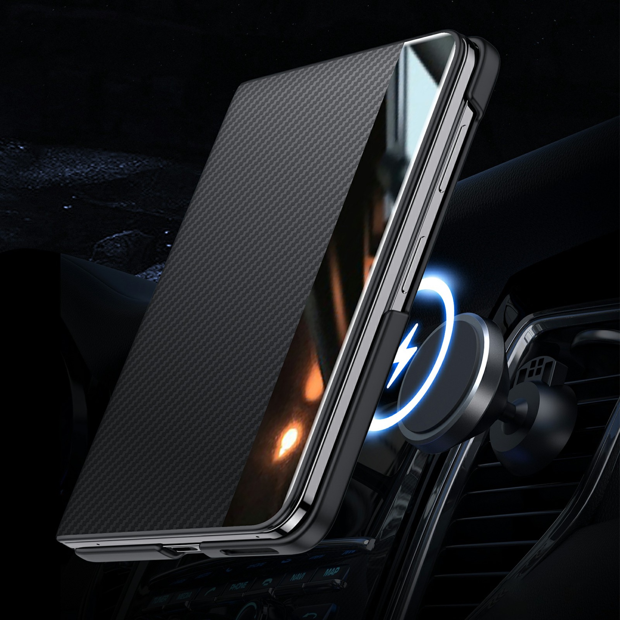 Ein Smartphone mit Kohlefaser-Hülle haftet an einer runden Magnethalterung am Auto-Lüftungsschlitz, mit blauem Leuchtring.