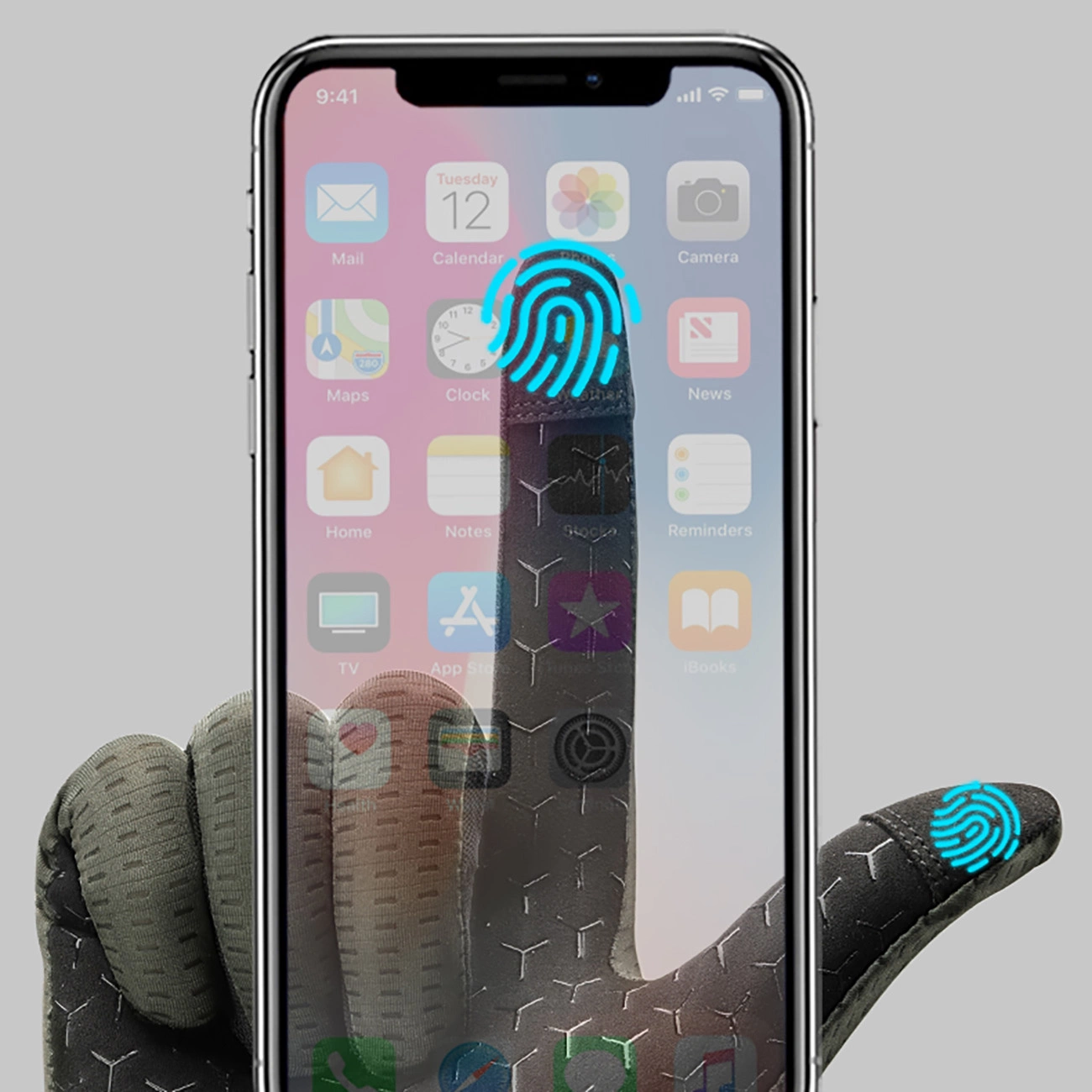 Una mano guantata tocca lo schermo di uno smartphone con icone di impronte digitali blu luminose.