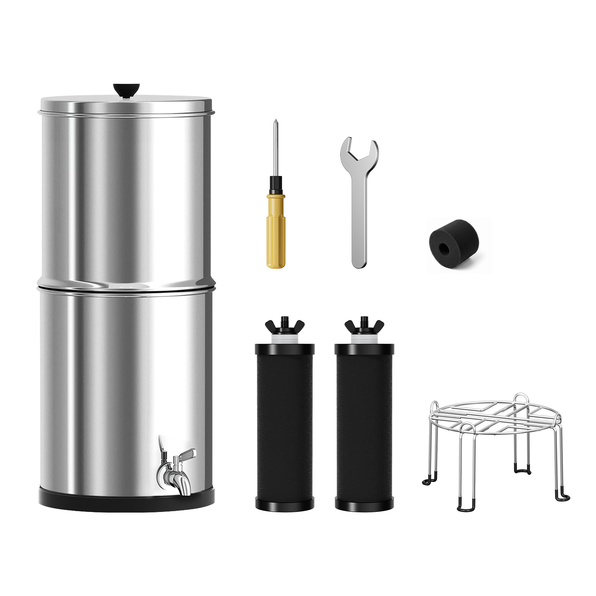 Edelstahl-Wasserfilter mit zwei Behältern, Zapfhahn, Filtern, Werkzeugen und Metallständer auf weißem Hintergrund.