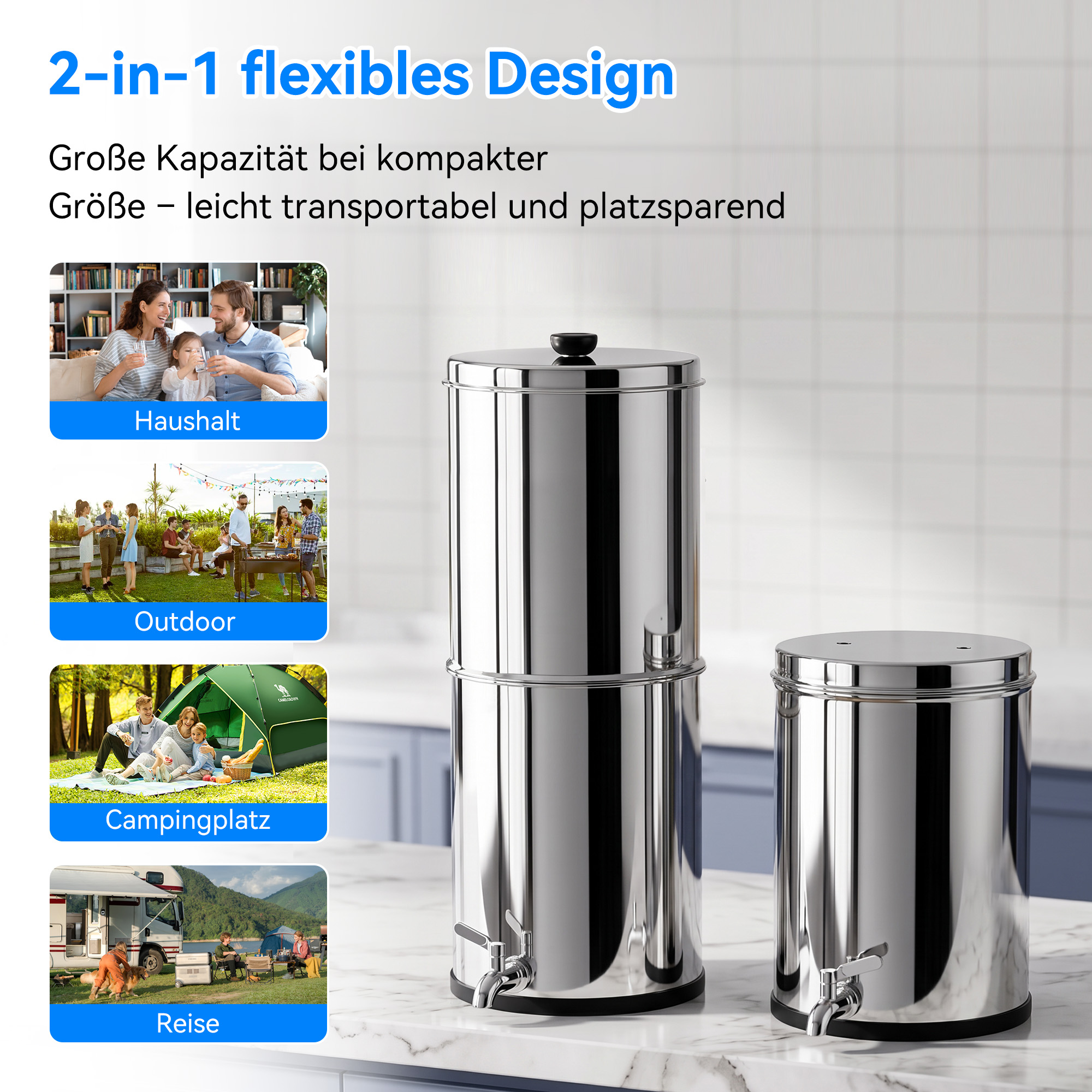 Zwei polierte Edelstahl-Wasserfilter mit Zapfhähnen, flexibel einsetzbar für Haushalt, Outdoor, Camping und Reisen.