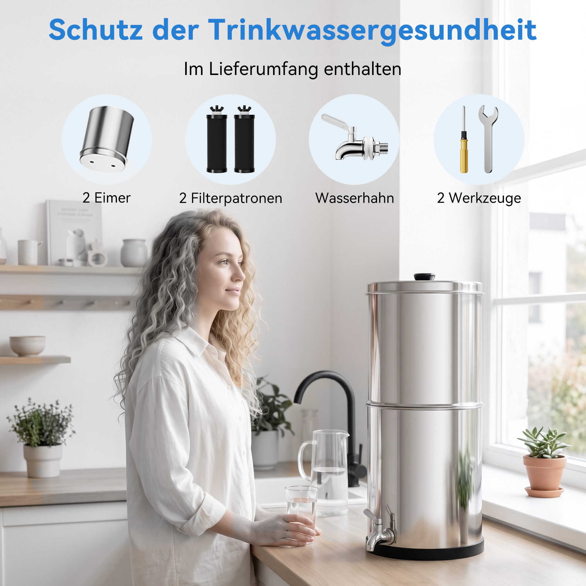 Eine Frau in einer Küche hält ein Glas Wasser, daneben steht ein Wasserfilter.