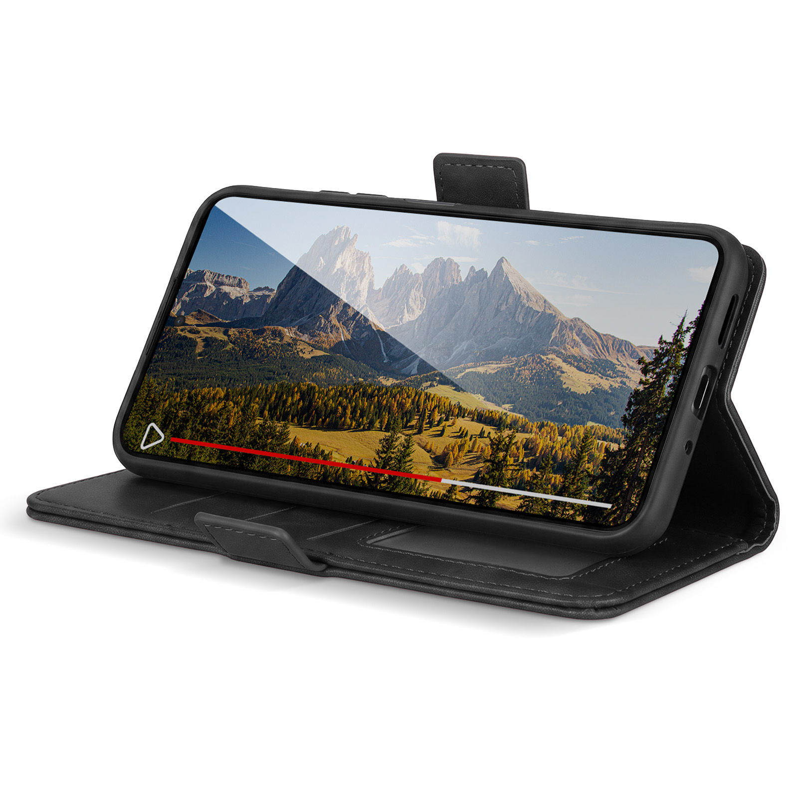 Schwarze Leder-Handyhülle auf weißem Grund zeigt ein Smartphone mit Berglandschaft-Display.