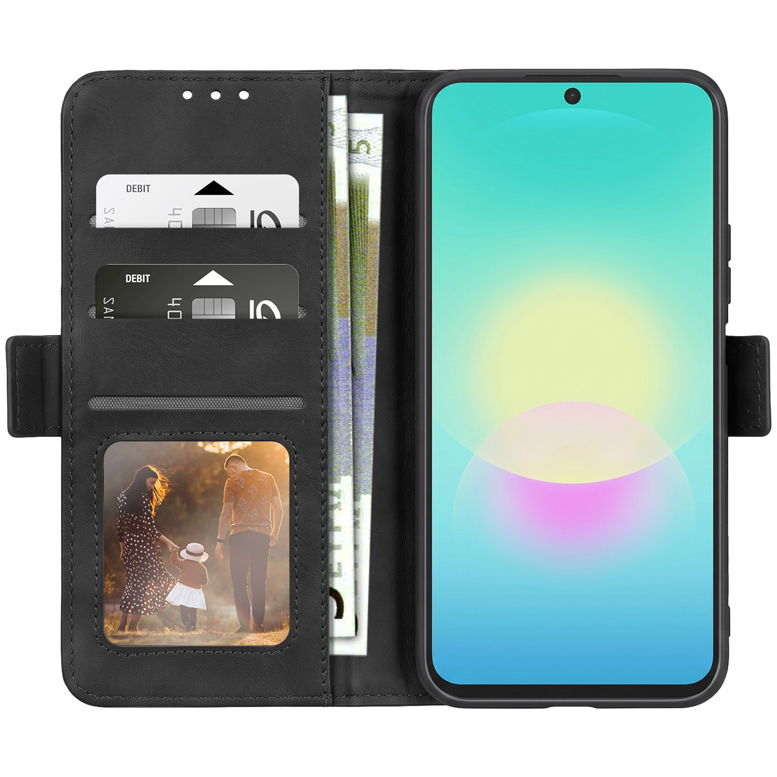 Schwarze Leder-Handyhülle mit Kartenfächern, Bargeld und einem Familienfoto neben einem Smartphone mit buntem Bildschirm.