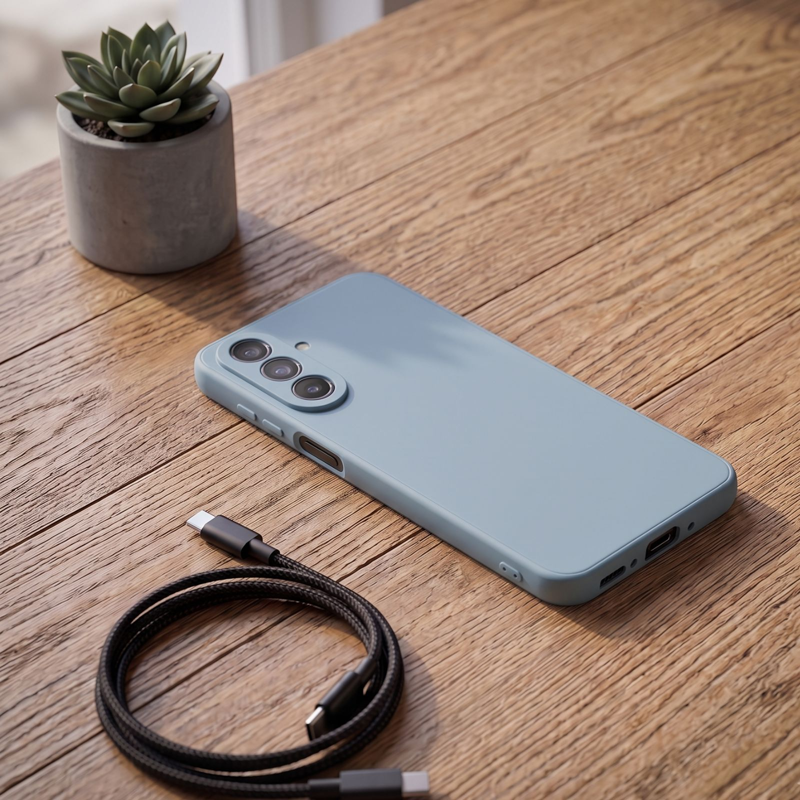 Ein hellblaues Smartphone, ein schwarzes Ladekabel und eine Sukkulente in einem Topf liegen auf einem Holztisch.