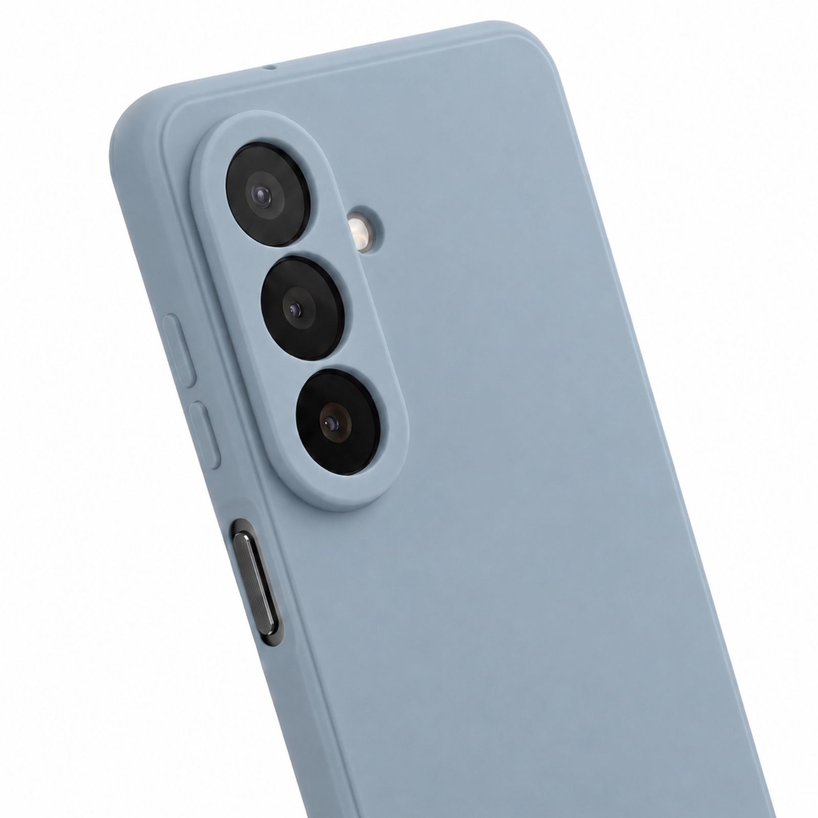 Rückseite eines blauen Smartphones mit vertikal angeordneten drei Kameras und Knöpfen an der Seite vor weißem Hintergrund.