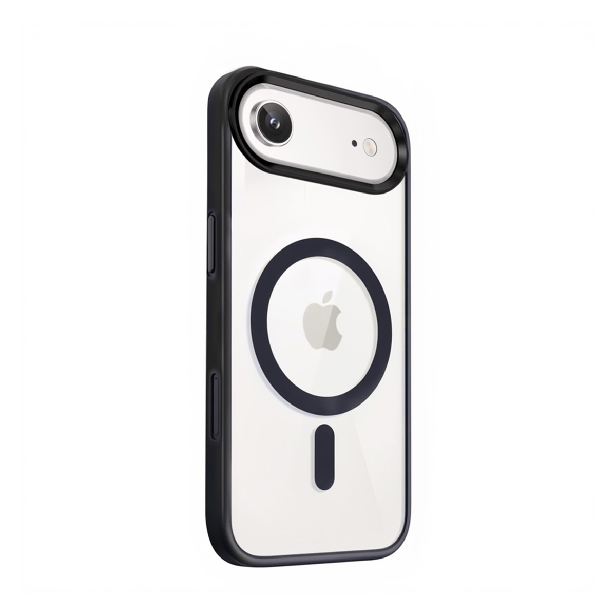 Ein Smartphone in einer transparenten Schutzhülle mit schwarzem Rahmen und MagSafe-Ring auf der Rückseite.