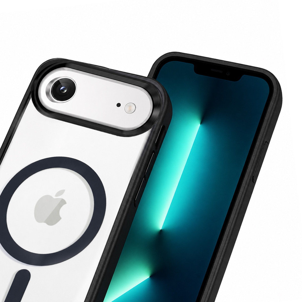 Ein Smartphone in schwarzer Schutzhülle mit sichtbarem MagSafe-Ring und Kamera auf weißem Hintergrund.