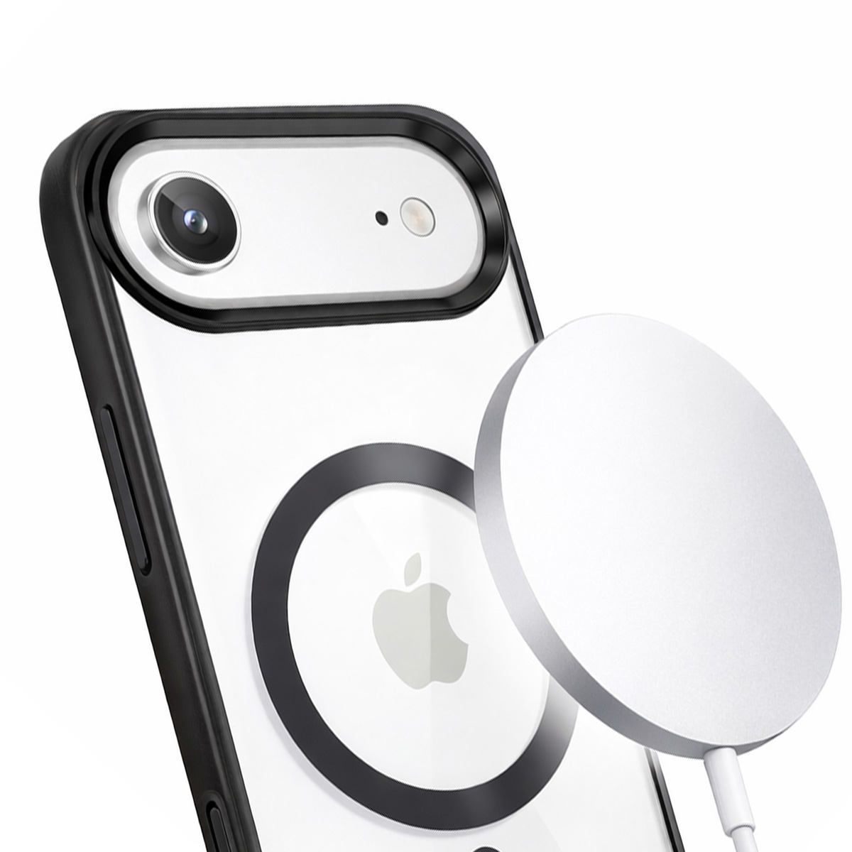 Ein iPhone mit Schutzhülle und MagSafe-Ladegerät auf weißem Hintergrund.