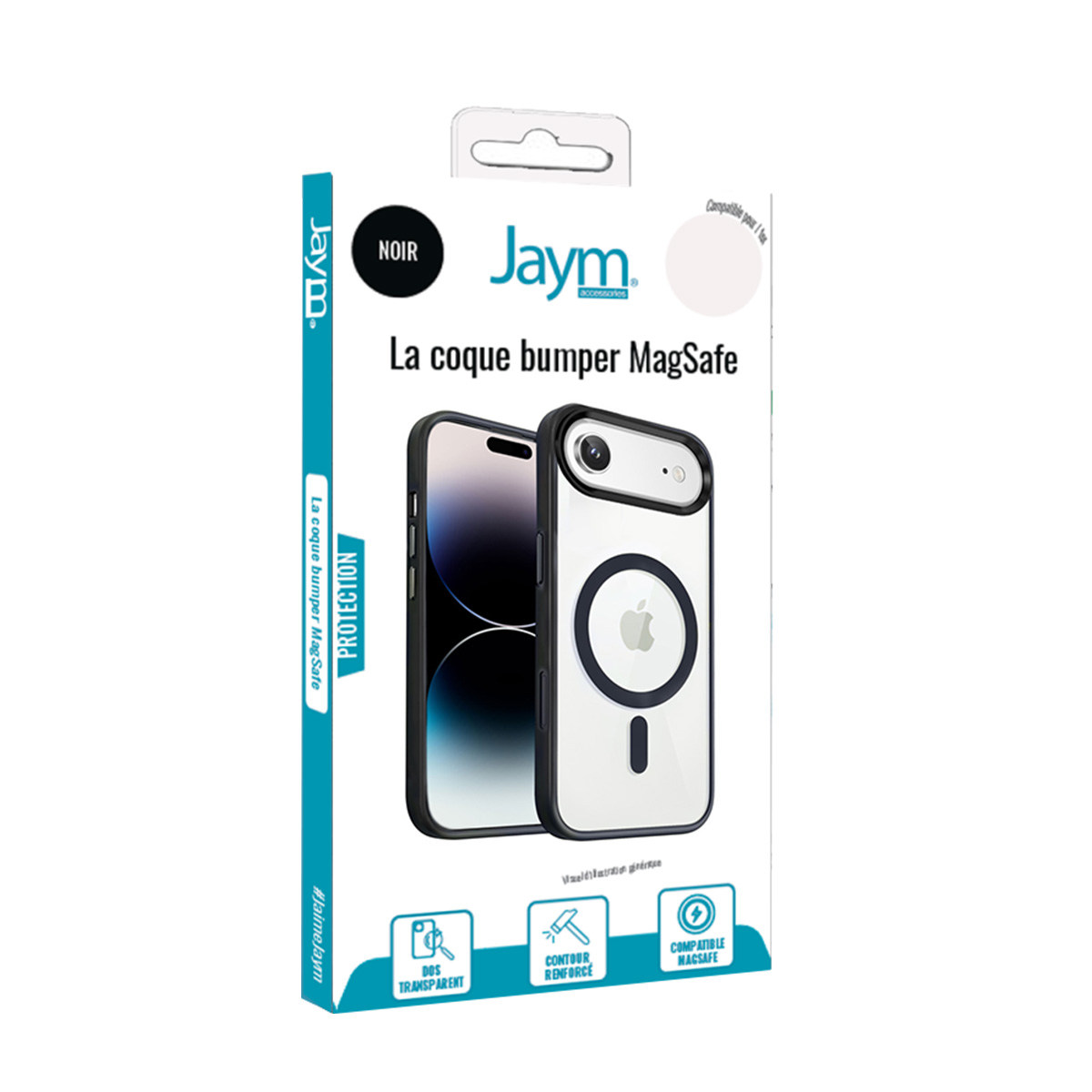 Verpackung für eine schwarze MagSafe Bumper-Handyhülle von Jaym.