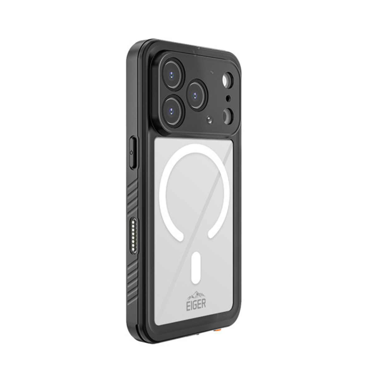 Ein schwarzes Smartphone in einer robusten Schutzhülle mit klarer Rückseite, weißem MagSafe-Ring und Eiger-Logo.