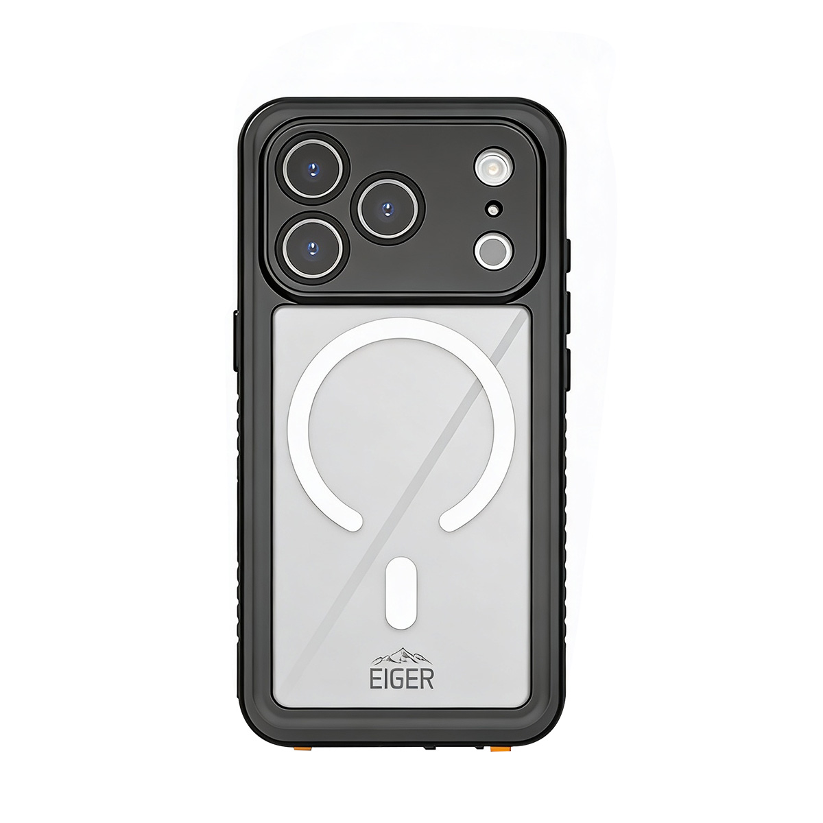 Schwarze Schutzhülle auf einem Smartphone mit Kameras und MagSafe-Ring auf weißem Grund.