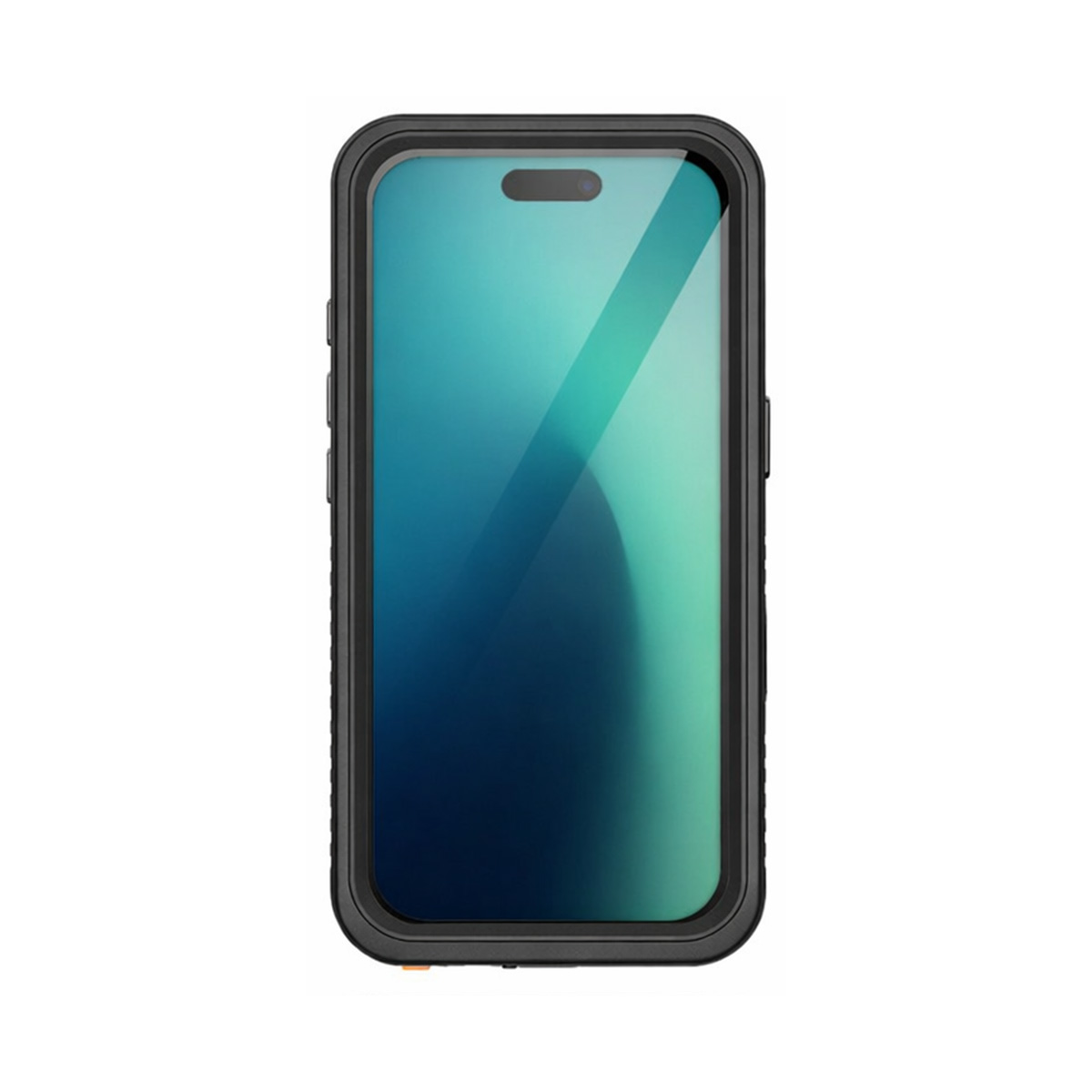 Ein Smartphone in einer robusten schwarzen Schutzhülle mit blau-grünem Farbverlauf-Bildschirm.